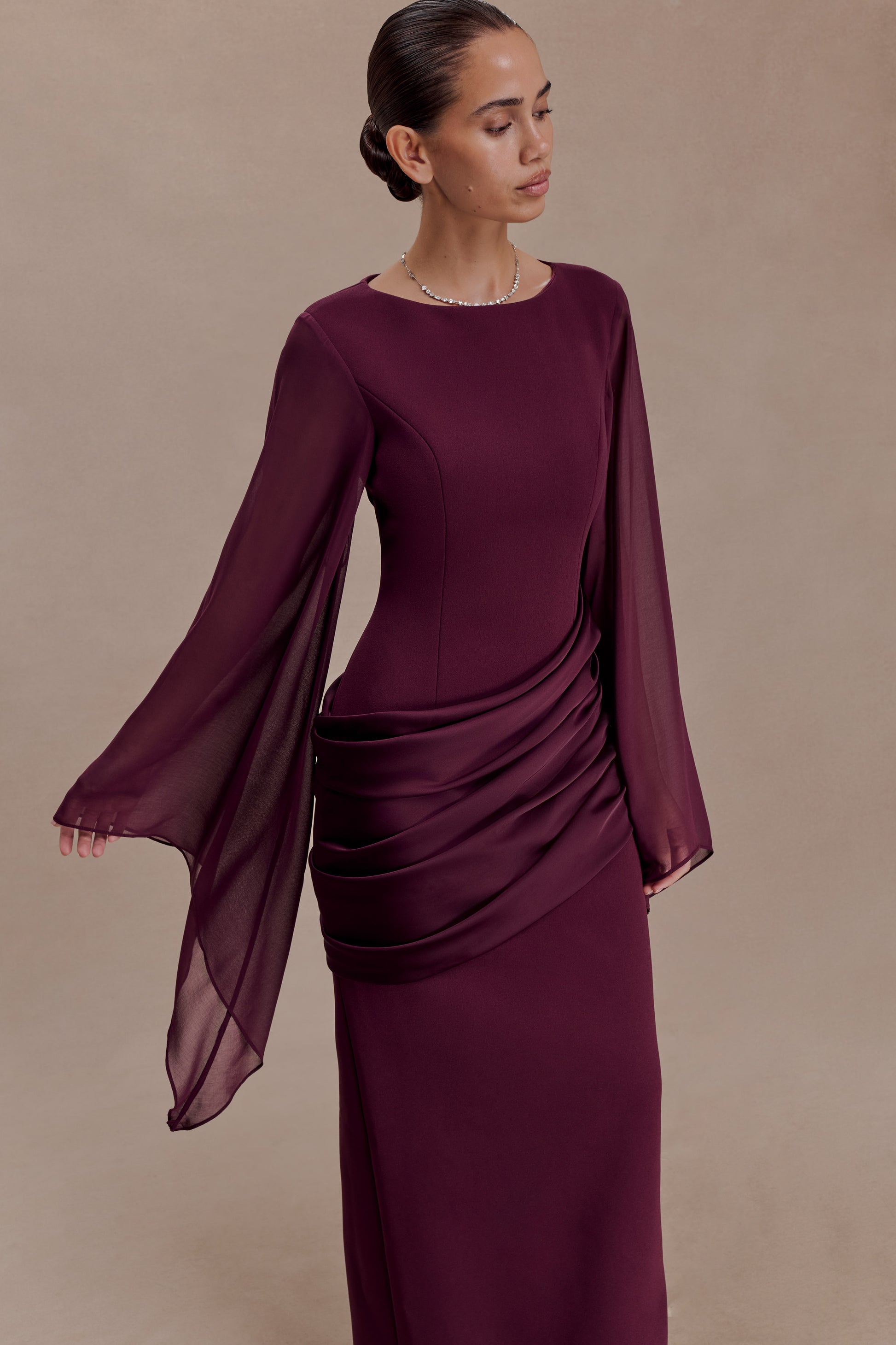 Samantha Waterfall Sleeves Maxi Dress - Wine #3