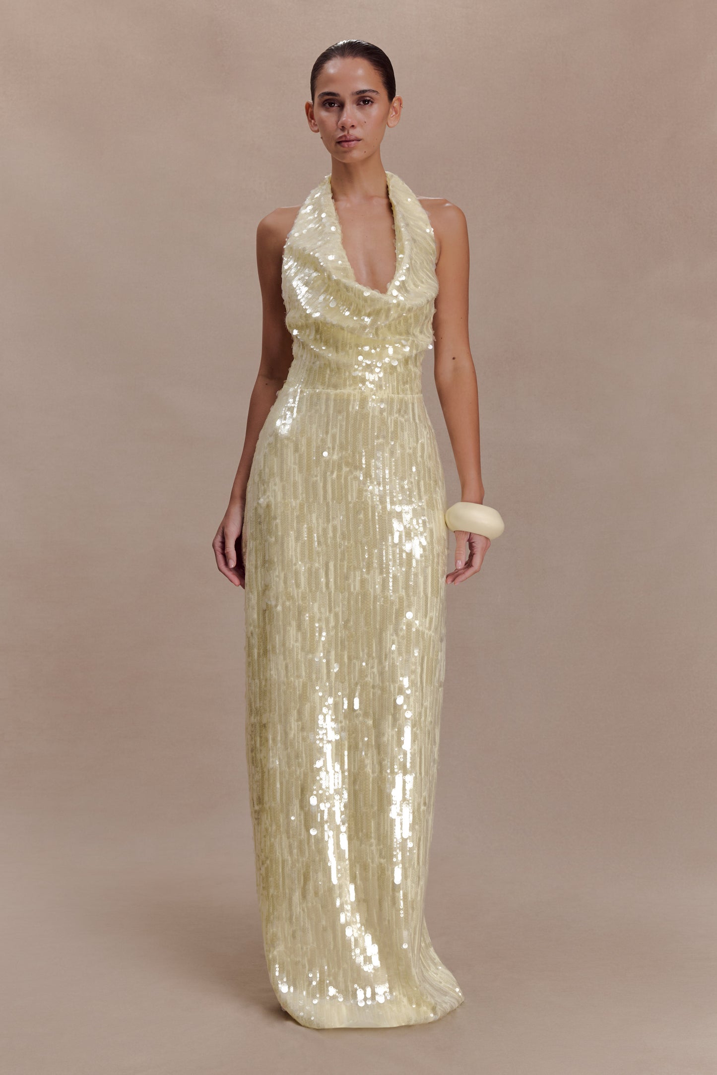 Gertrud Sequin Halter Maxi Dress - Lemon