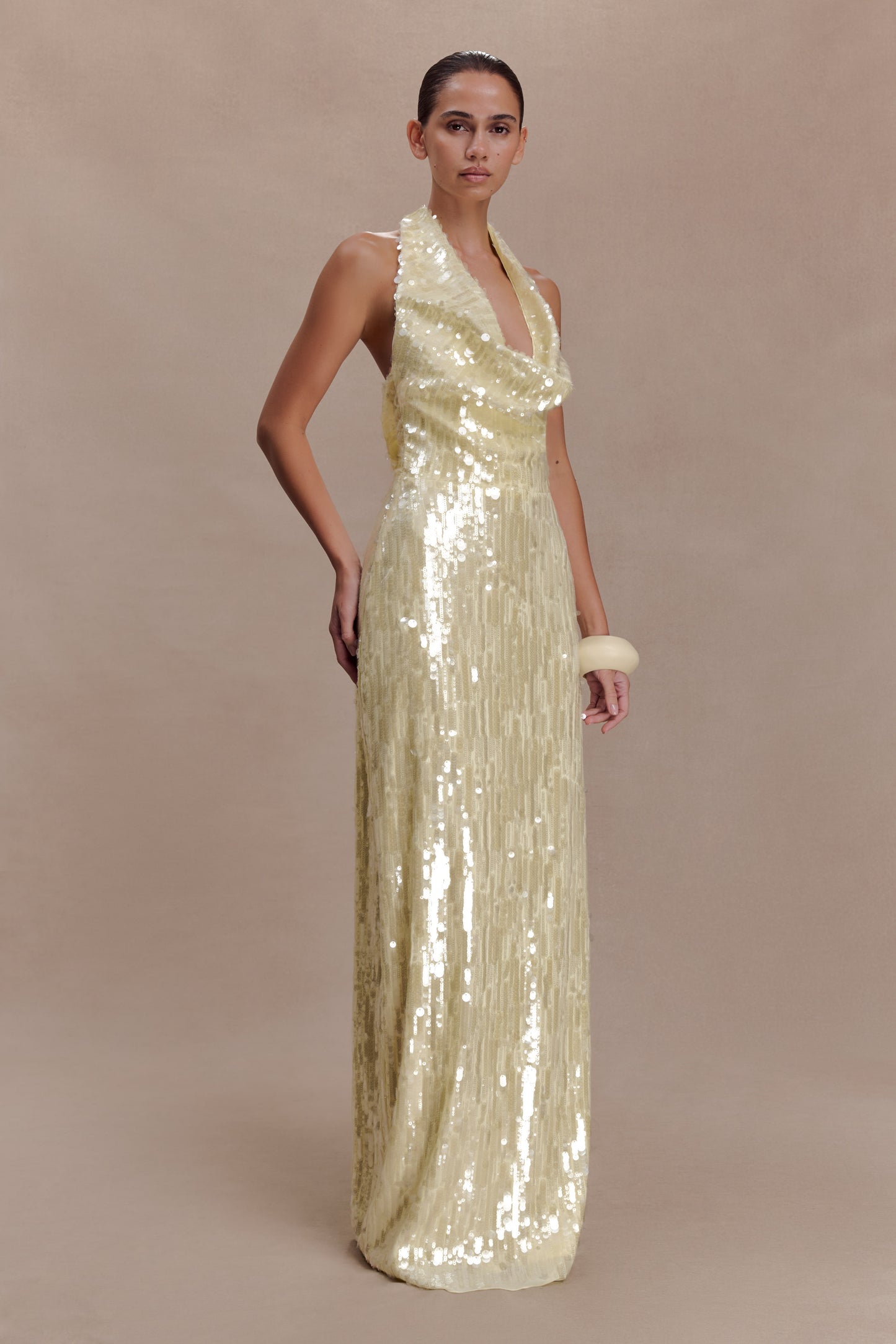 Gertrud Sequin Halter Maxi Dress - Lemon