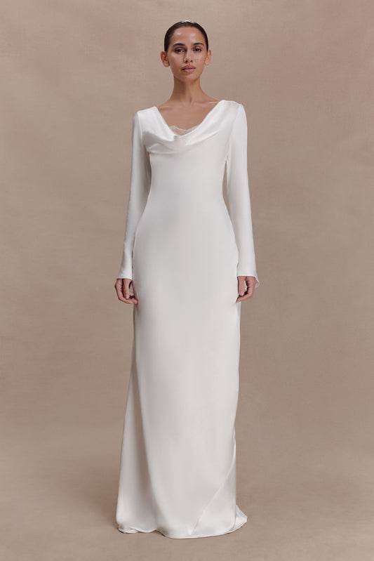 Eliza Long Sleeve Cowl Lace And Satin Maxi Dress - Ivory