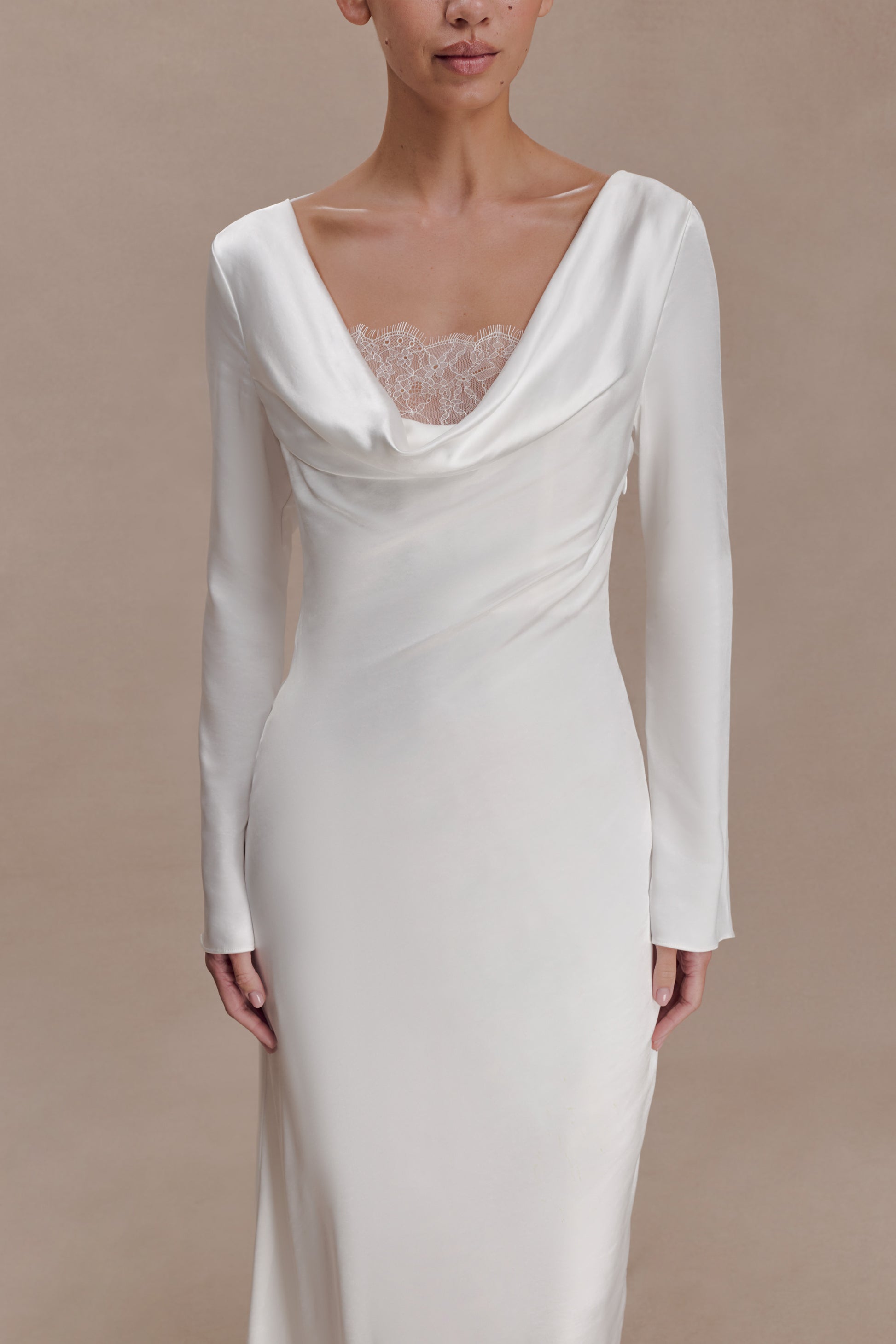 Eliza Long Sleeve Cowl Lace And Satin Maxi Dress - Ivory #3