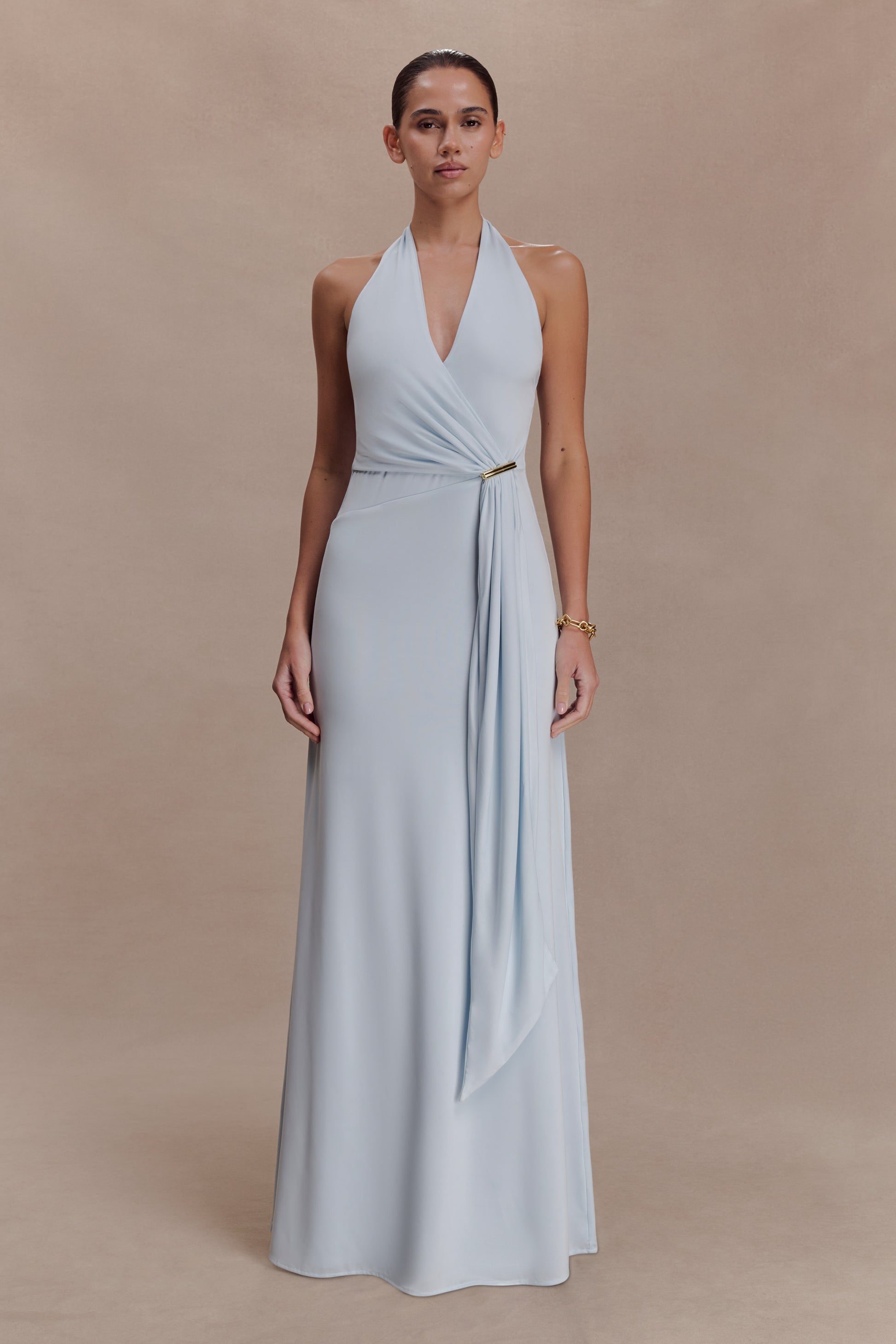 Veda Slinky Halter Maxi Dress - Pale Blue