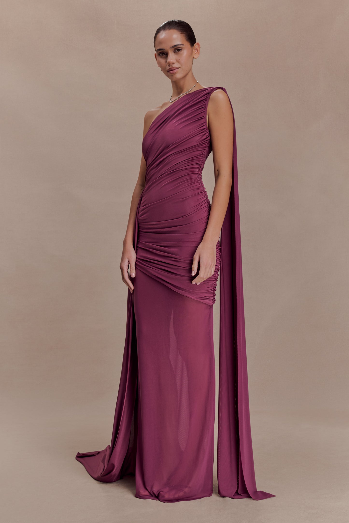 Asher Slinky One Shoulder Maxi Dress - Neutral Plum