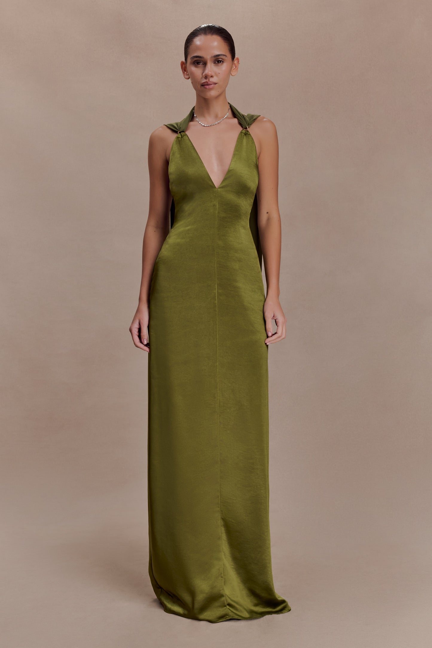 Myla Draped Shoulders Satin Maxi Dress - Khaki