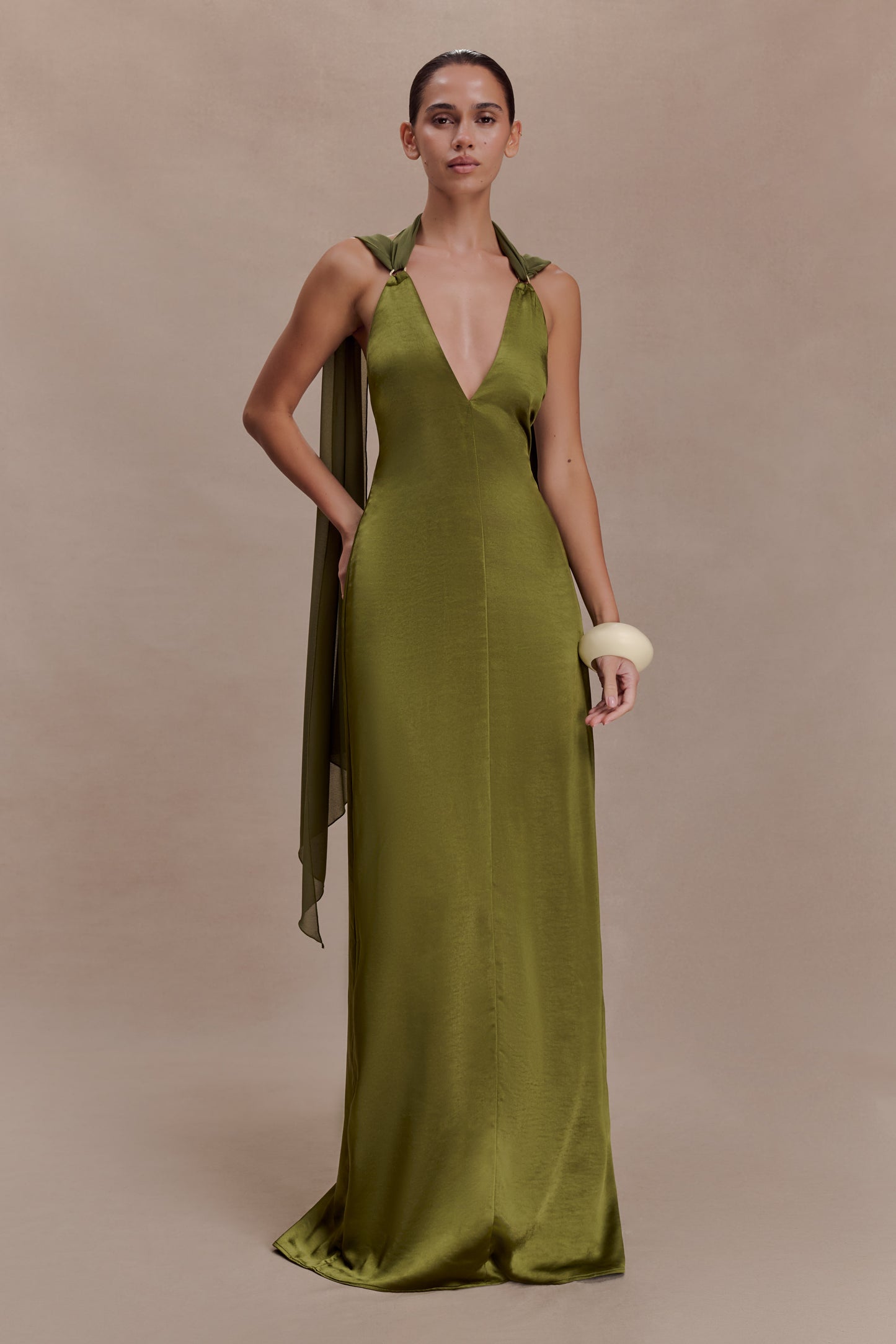 Myla Draped Shoulders Satin Maxi Dress - Khaki
