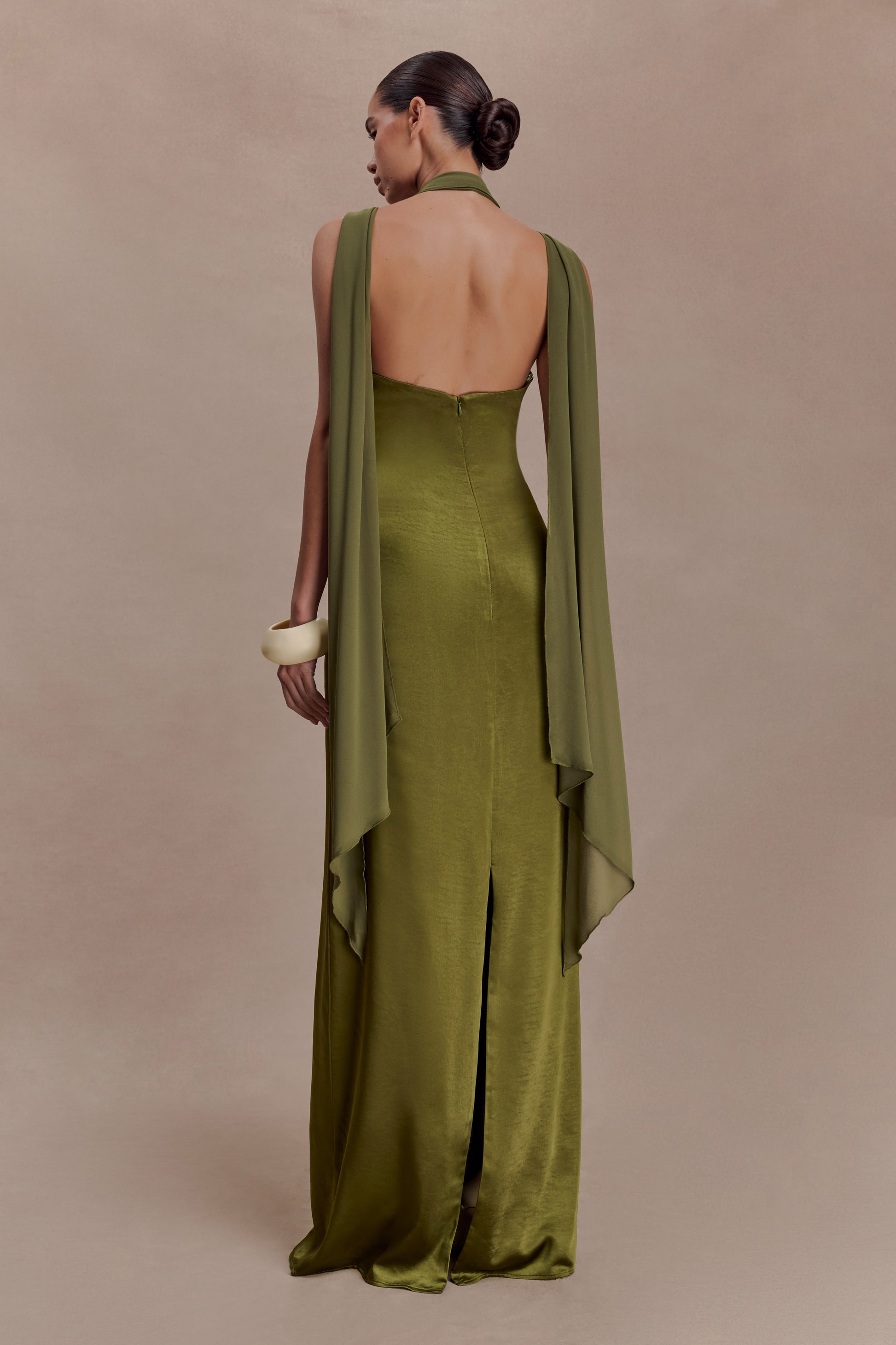 Myla Draped Shoulders Satin Maxi Dress - Khaki #2