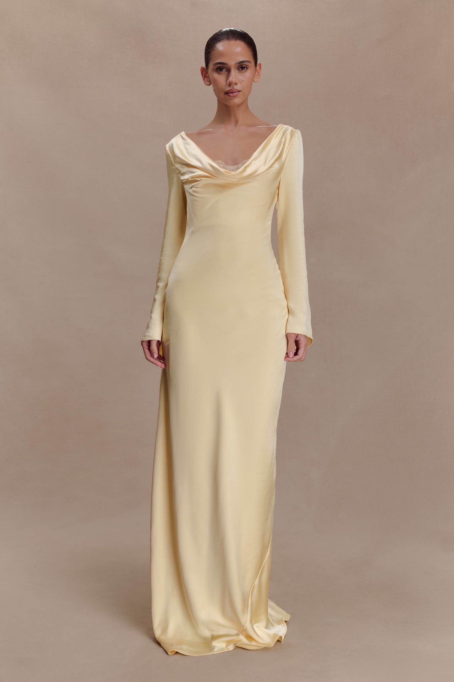 Eliza Long Sleeve Cowl Lace And Satin Maxi Dress - Lemon