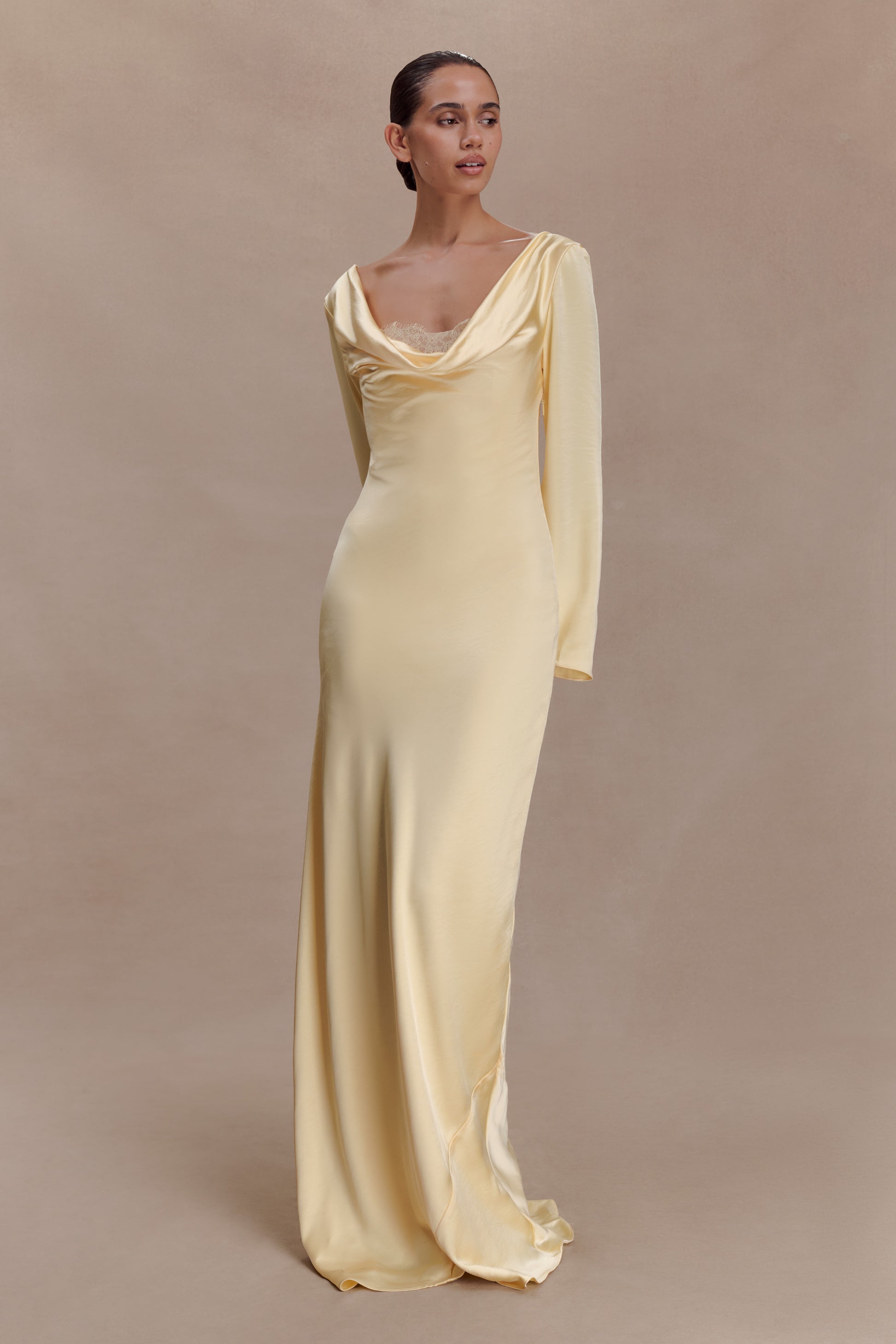 Eliza Long Sleeve Cowl Lace And Satin Maxi Dress - Lemon #4
