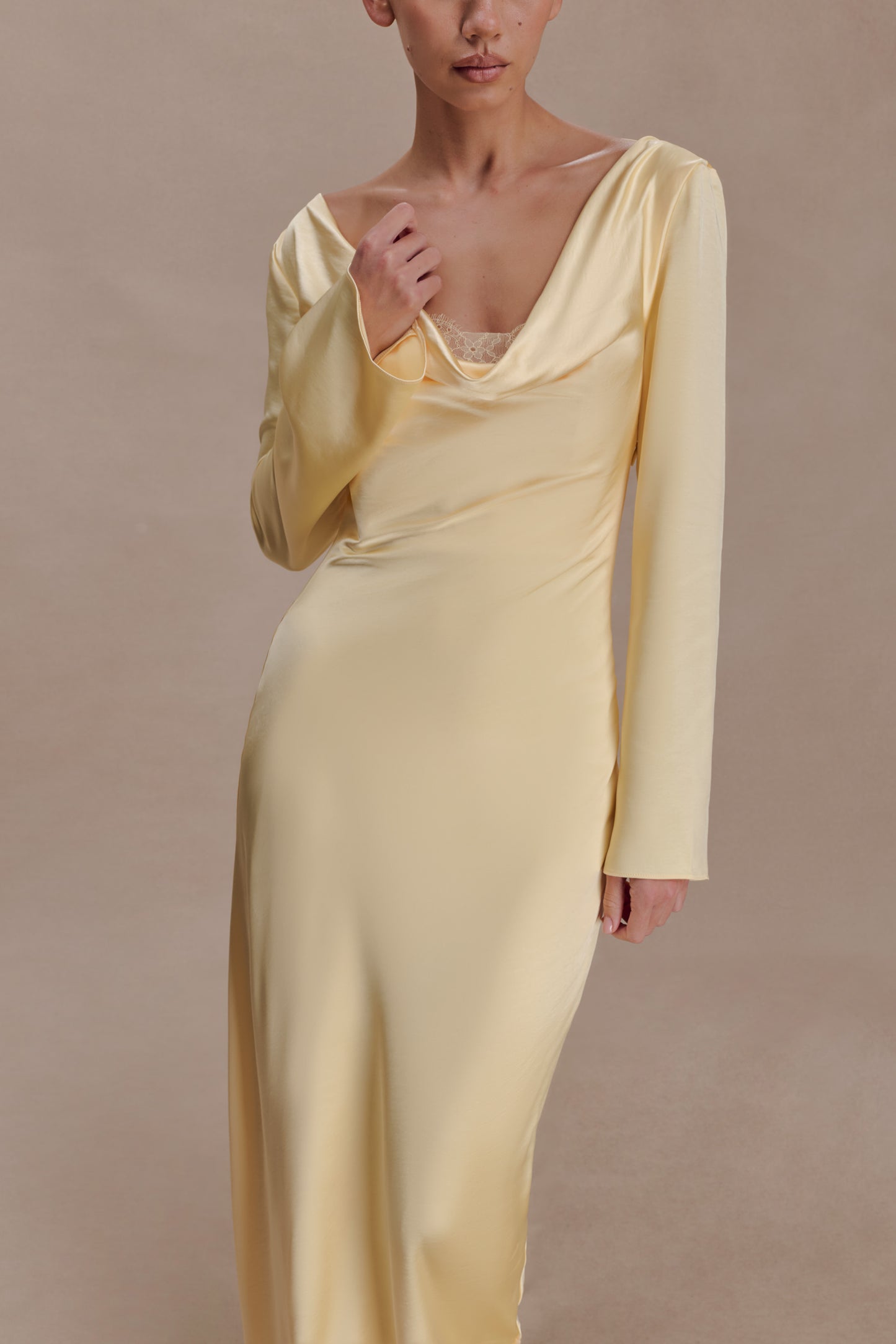 Eliza Long Sleeve Cowl Lace And Satin Maxi Dress - Lemon