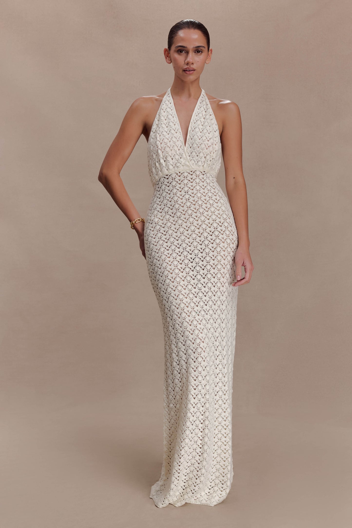 Deeliah Halterneck Crochet Maxi Dress -  Ivory