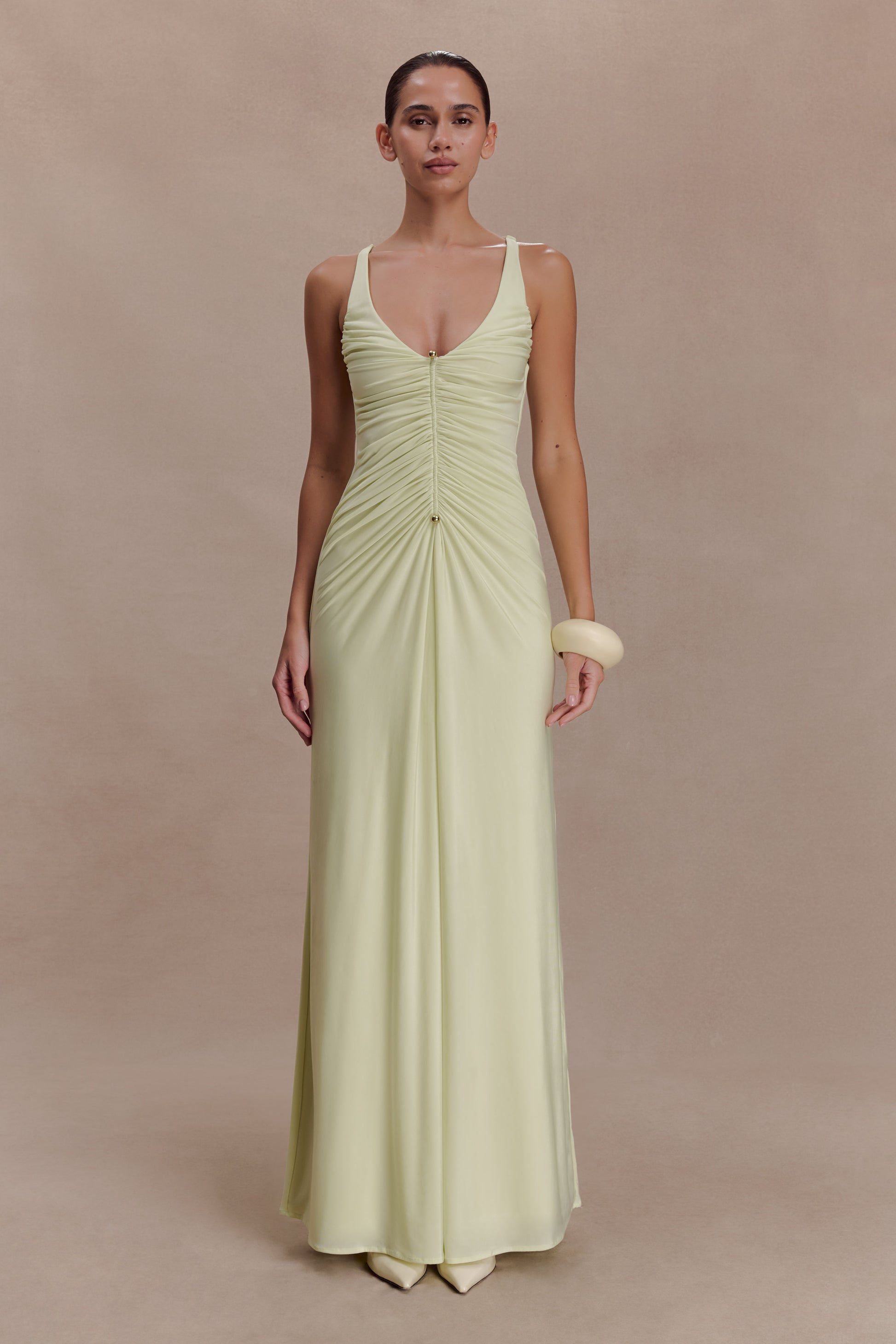 Perrie Slinky Ruched Maxi Dress - Pastel Lime