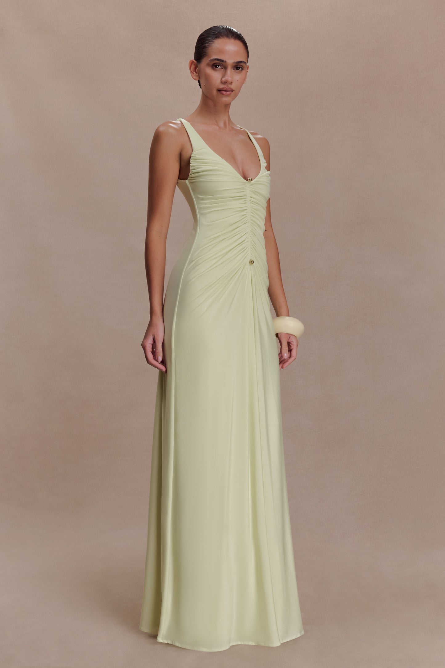 Perrie Slinky Ruched Maxi Dress - Pastel Lime