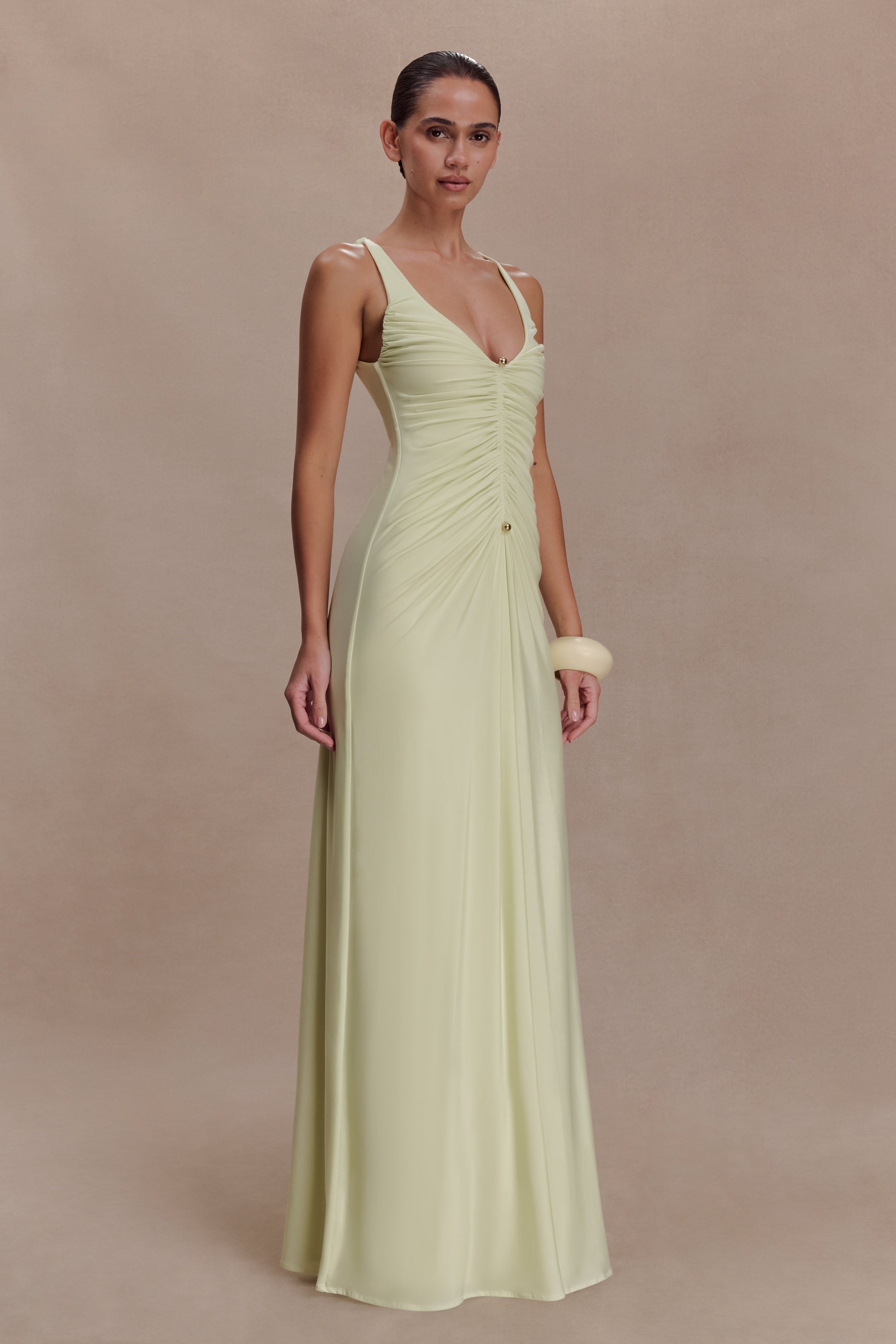 Perrie Slinky Ruched Maxi Dress - Pastel Lime #4