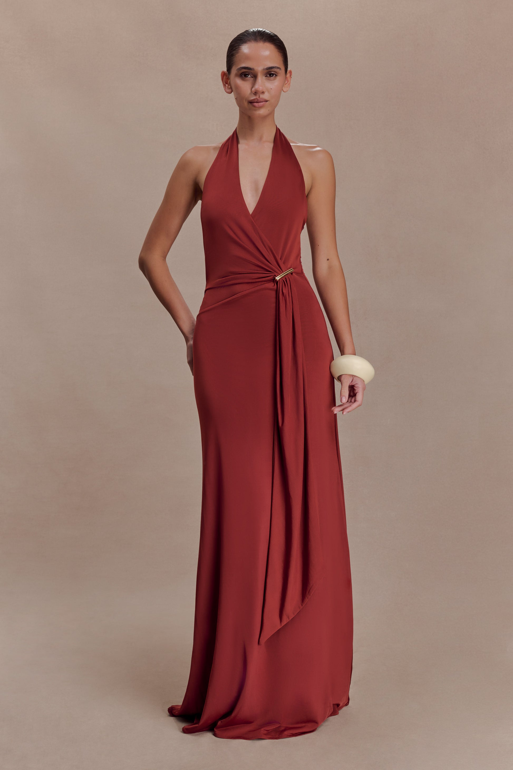 Veda Slinky Halter Maxi Dress - Russet