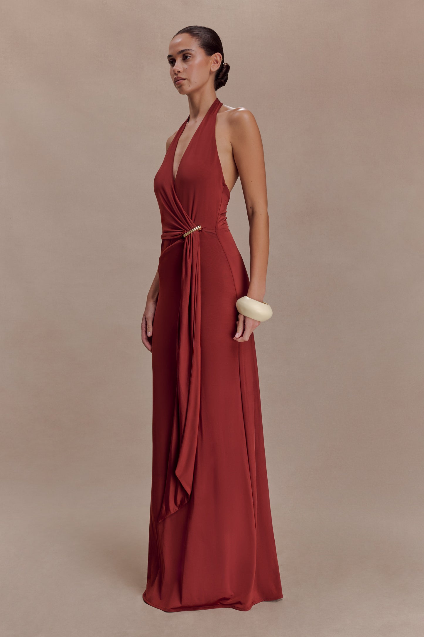 Veda Slinky Halter Maxi Dress - Russet