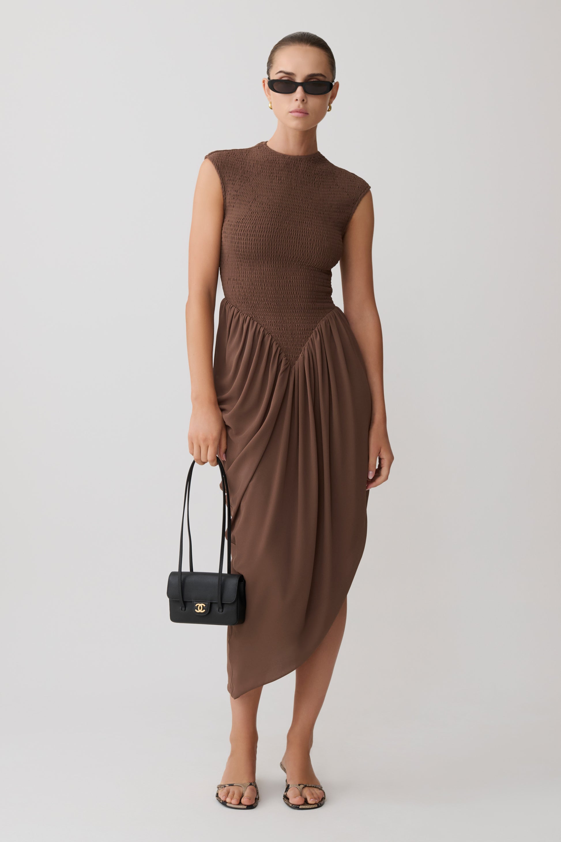 Nola Shirred Asymmetric Midi Dress - Mocha #5