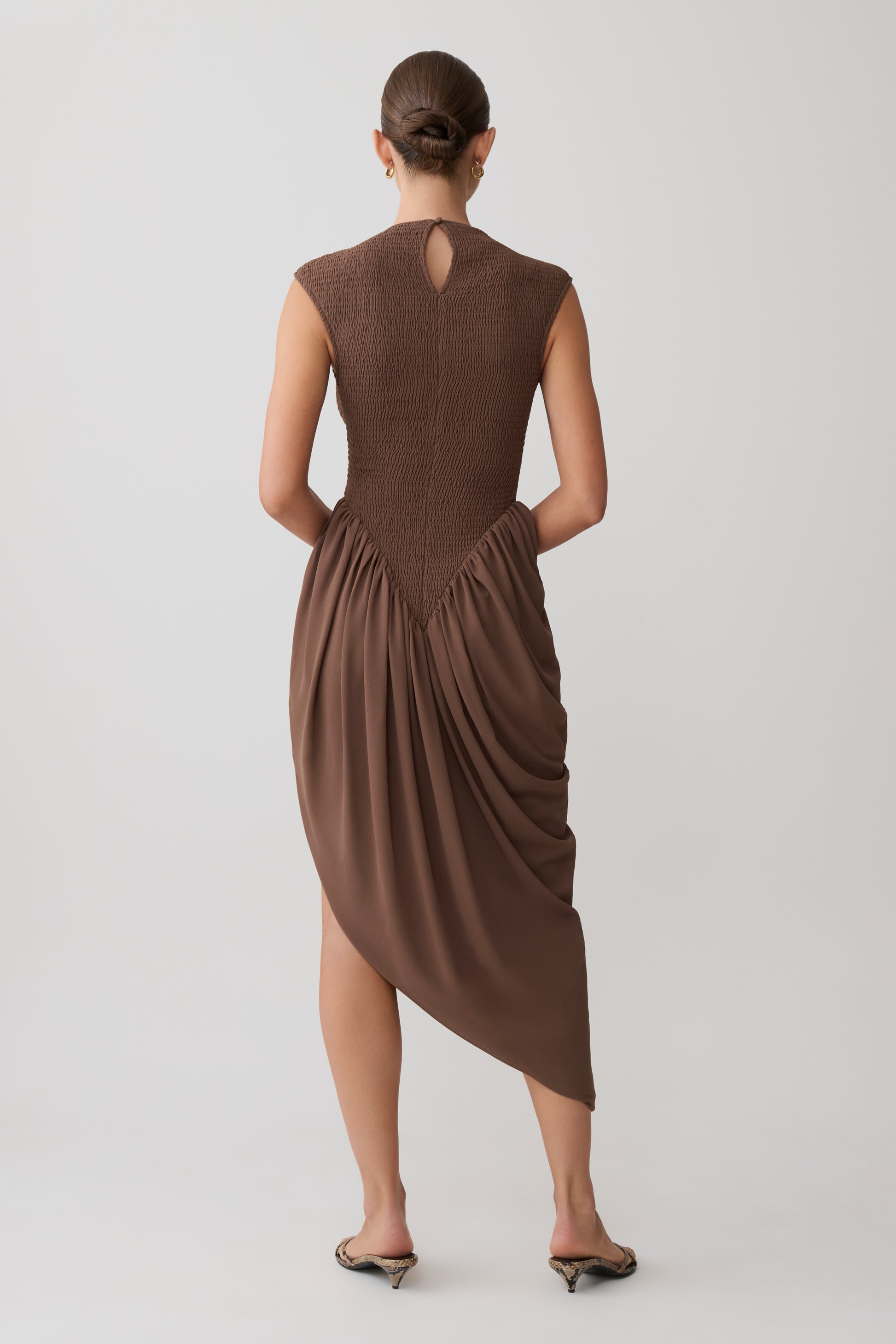 Nola Shirred Asymmetric Midi Dress - Mocha #2