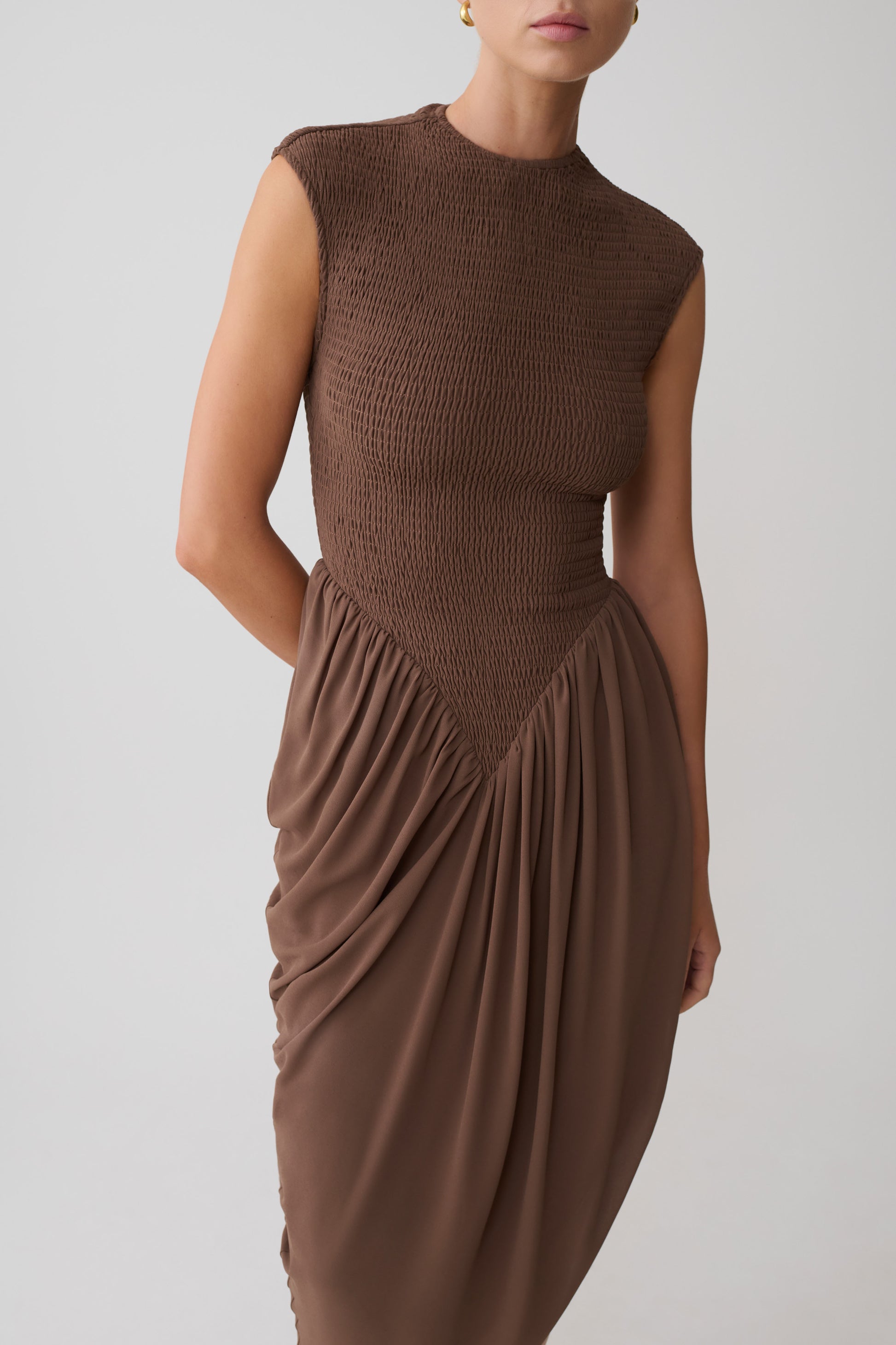 Nola Shirred Asymmetric Midi Dress - Mocha #3