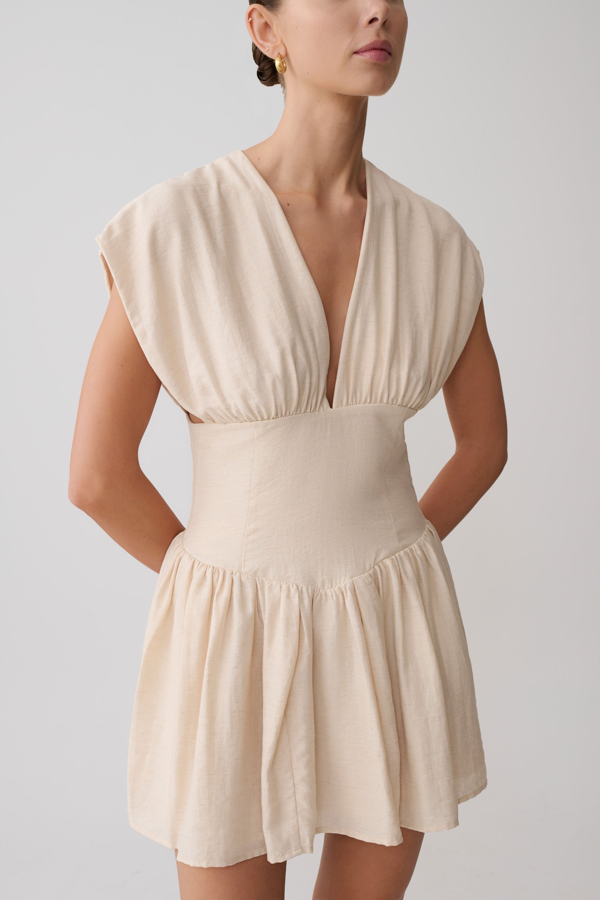Arabella Cinched Waist Linen Mini Dress - Natural #6