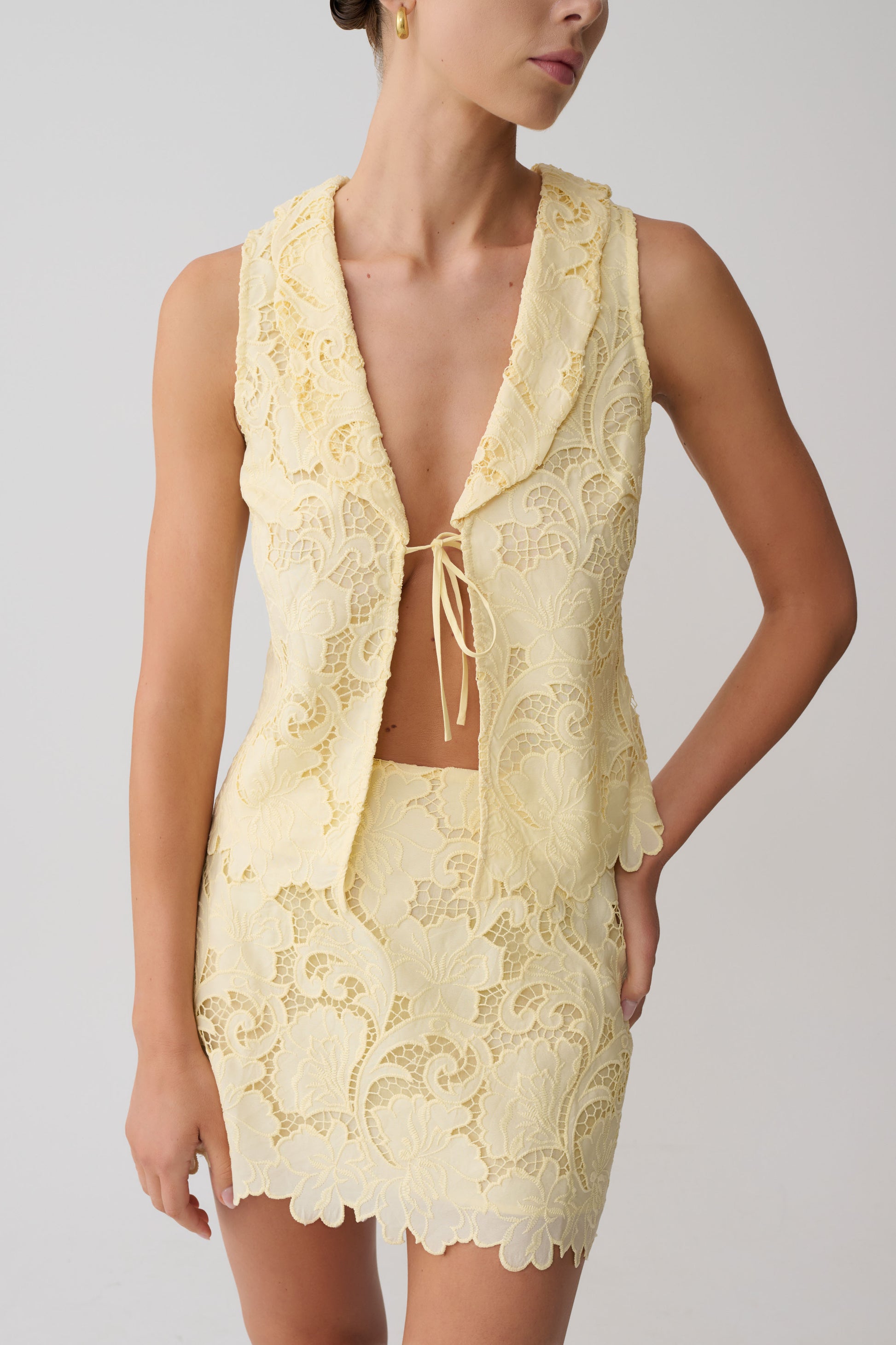 Tessa Broderie Tie Front Sleeveless Top - Lemon #3