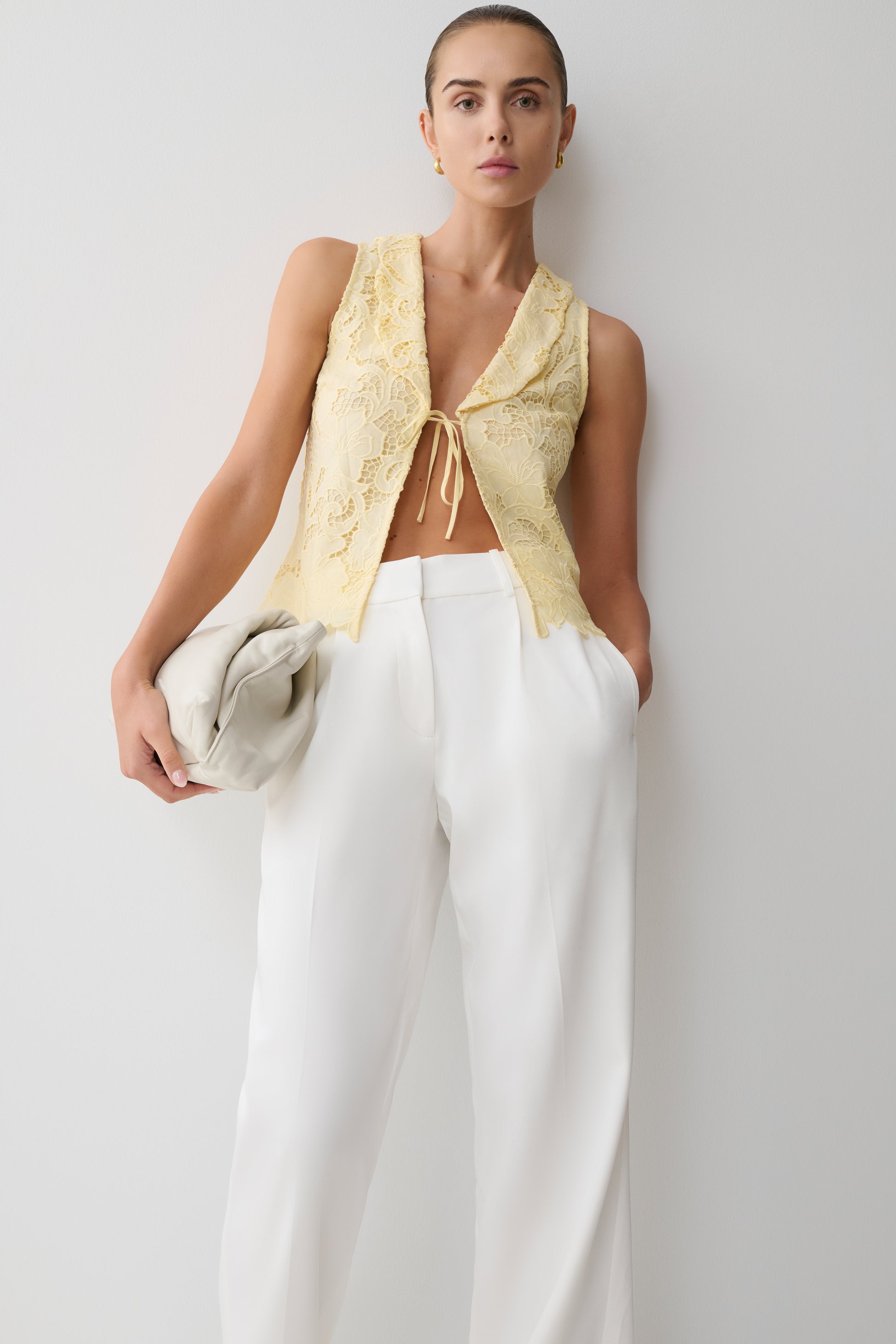 Tessa Broderie Tie Front Sleeveless Top - Lemon #6