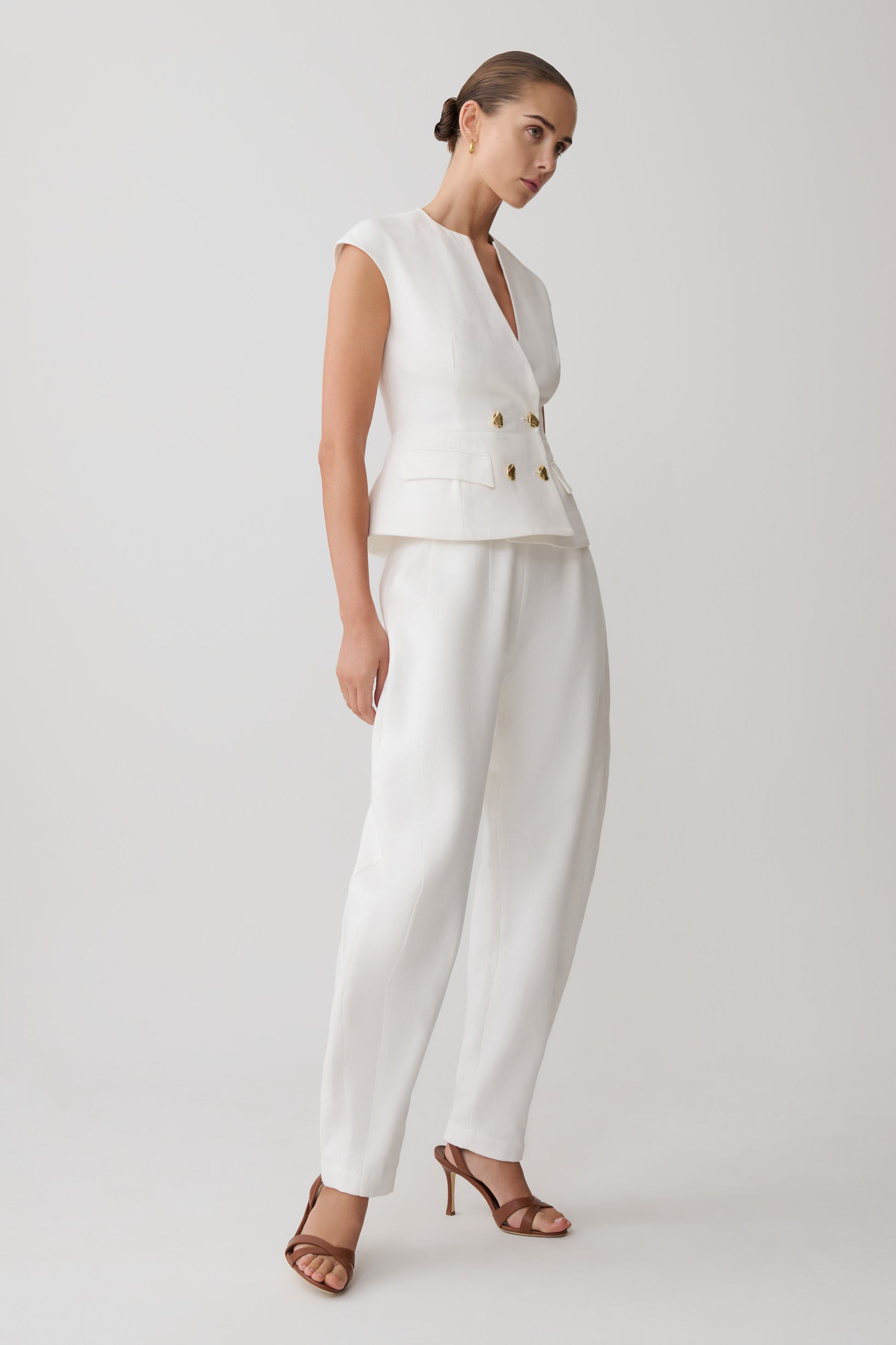 Oriana Linen Button Vest - White #4