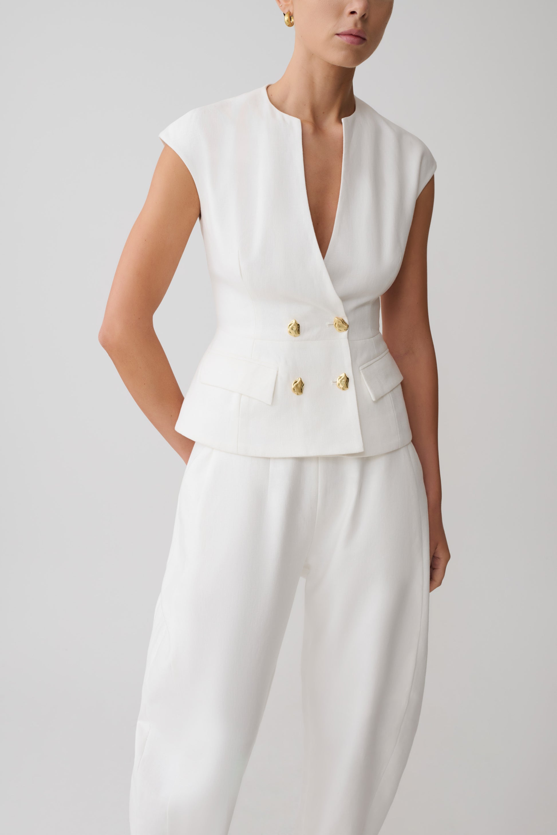 Oriana Linen Button Vest - White #3