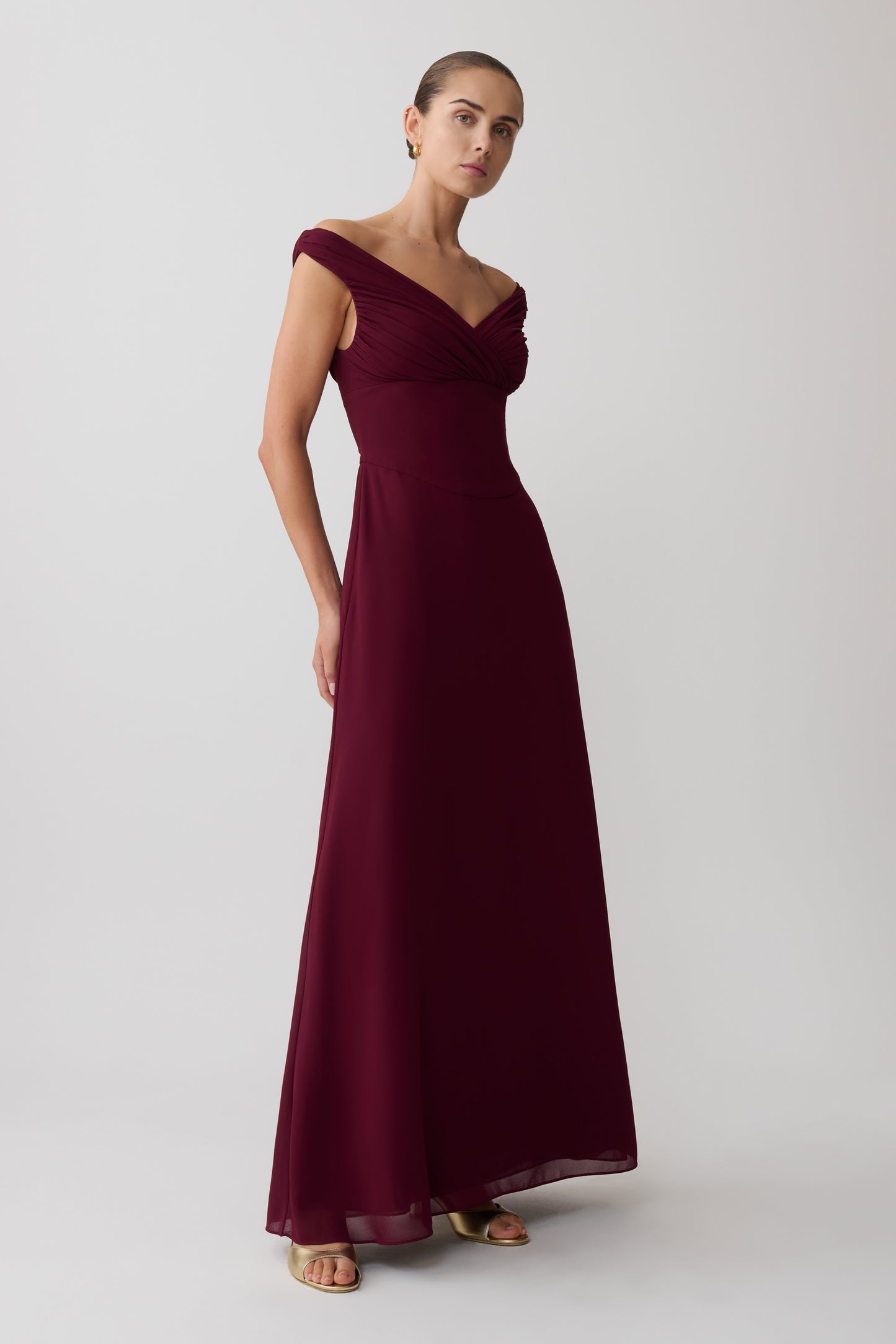 Mabel Off Shoulder Chiffon Maxi Dress - Merlot