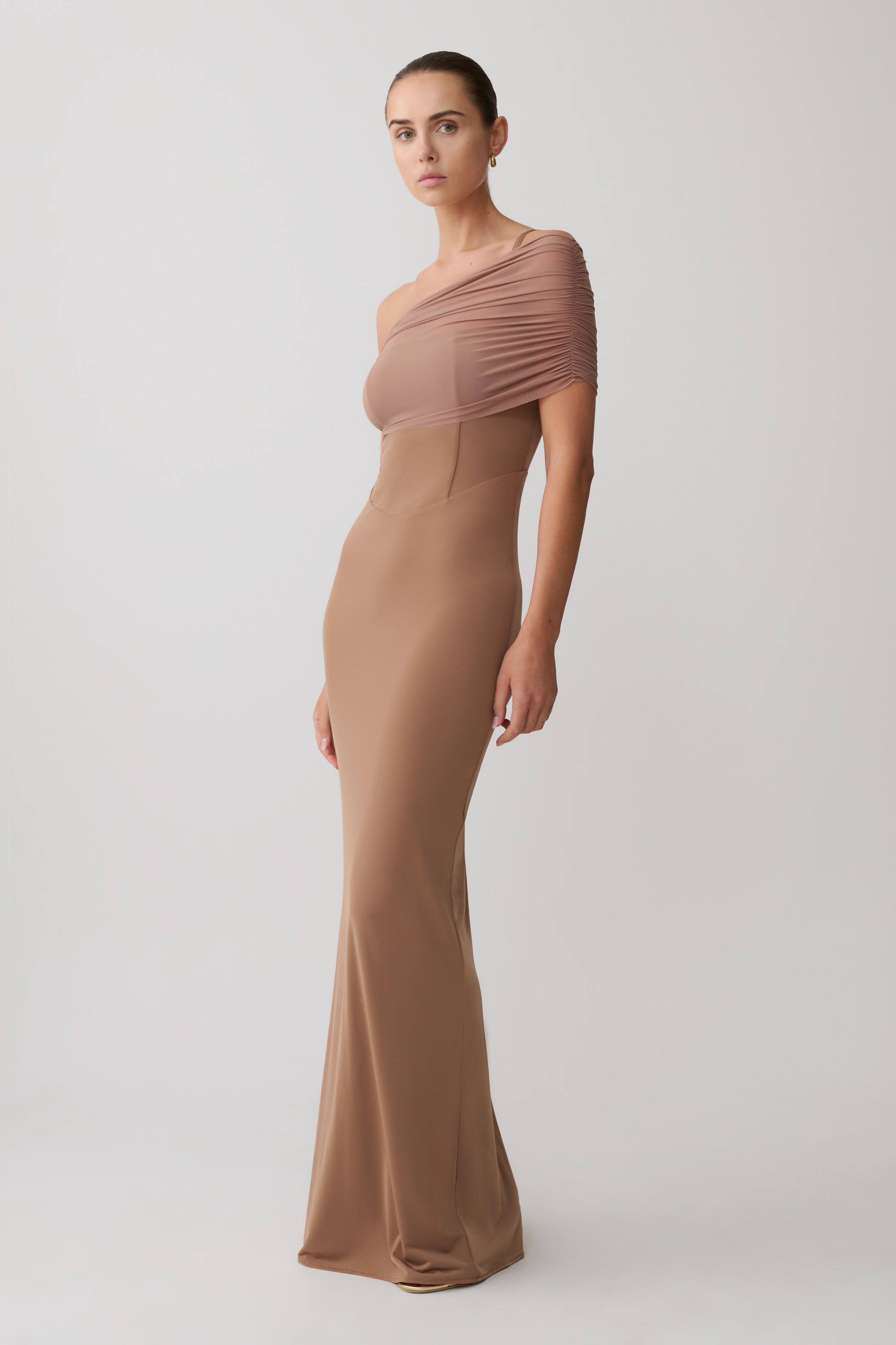 Hanh One Shoulder Mesh Maxi Dress - Tan #7
