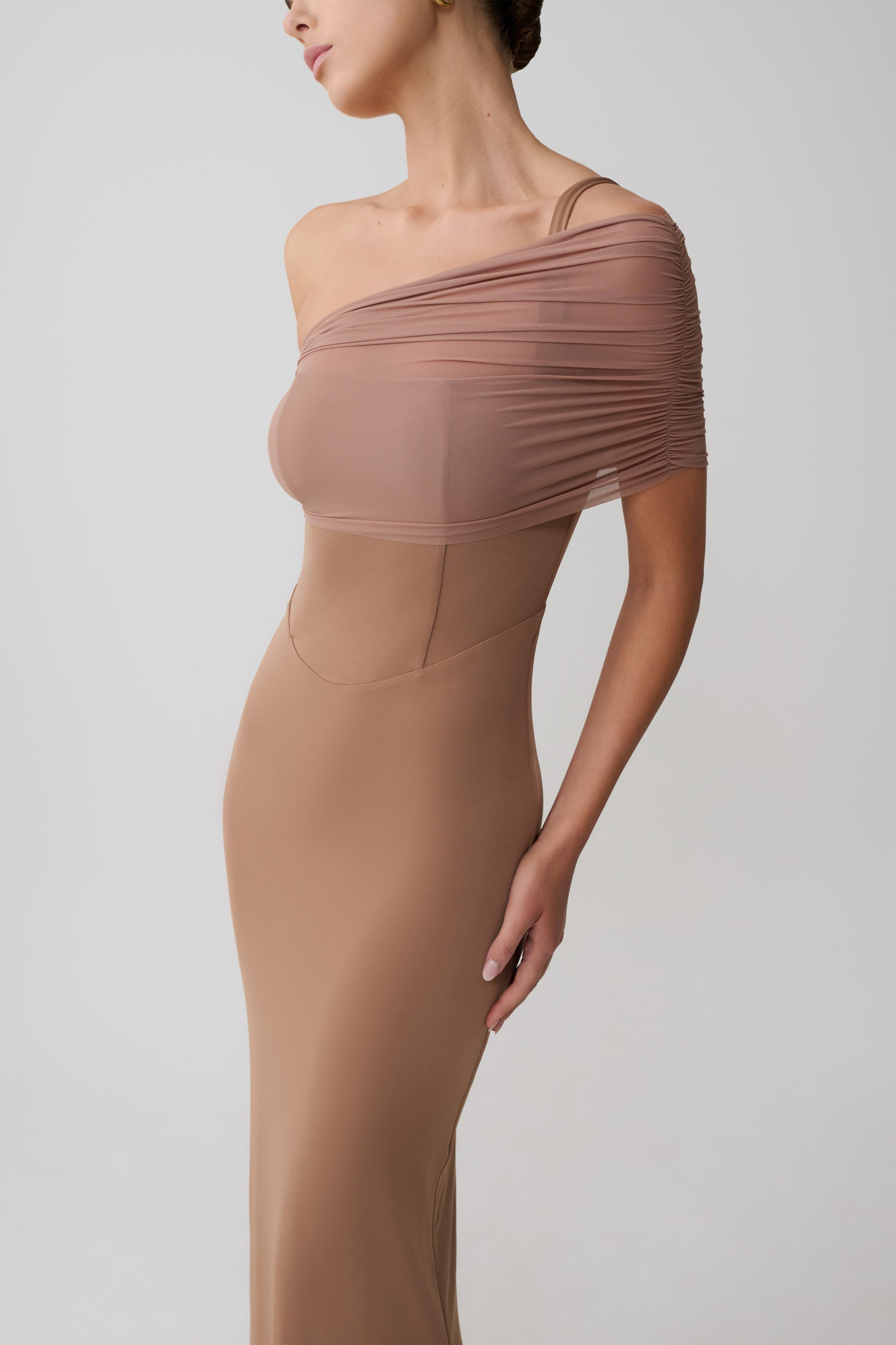Hanh One Shoulder Mesh Maxi Dress - Tan #6