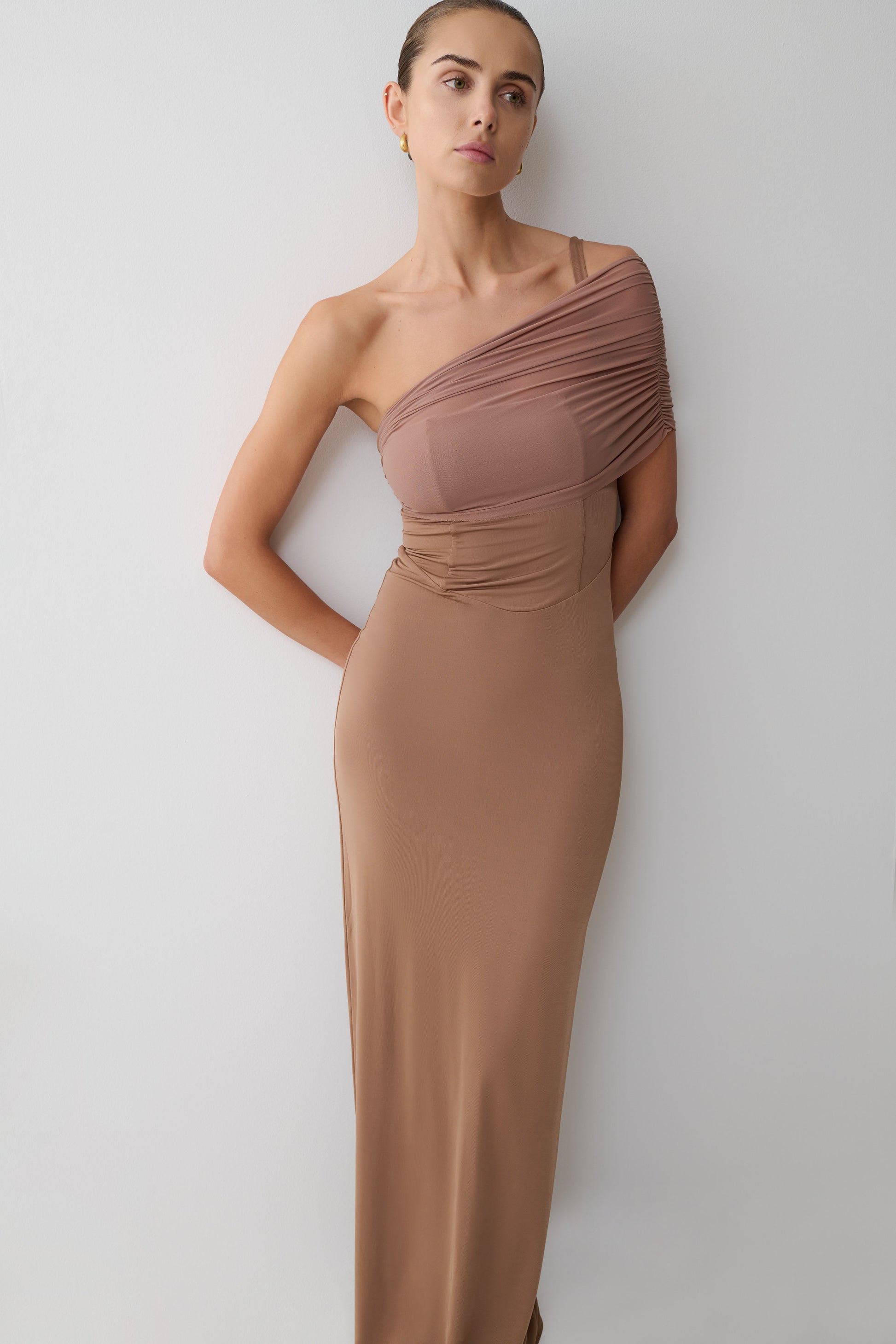 Hanh One Shoulder Mesh Maxi Dress - Tan #8