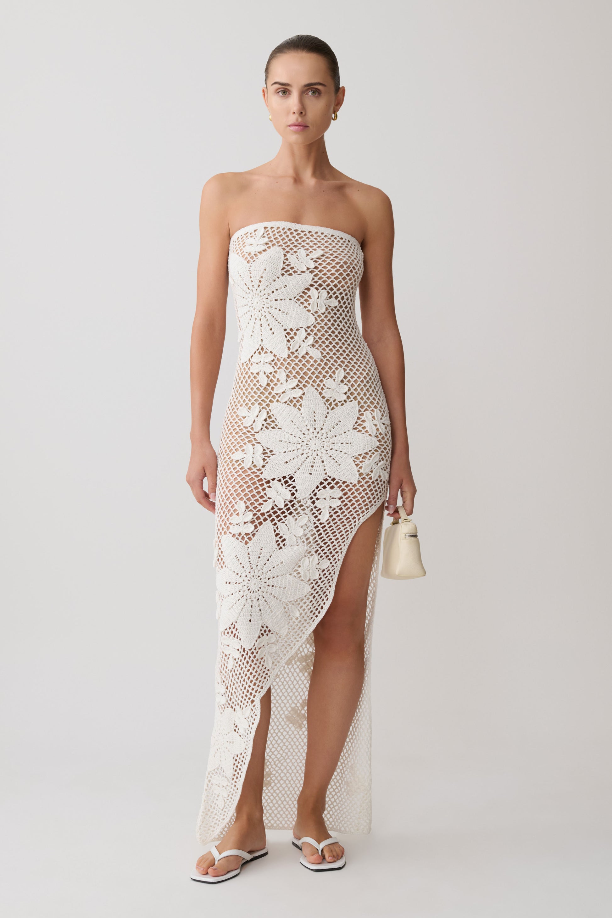 Mandie Hand Crochet Asymmetrical Maxi Dress - White #5