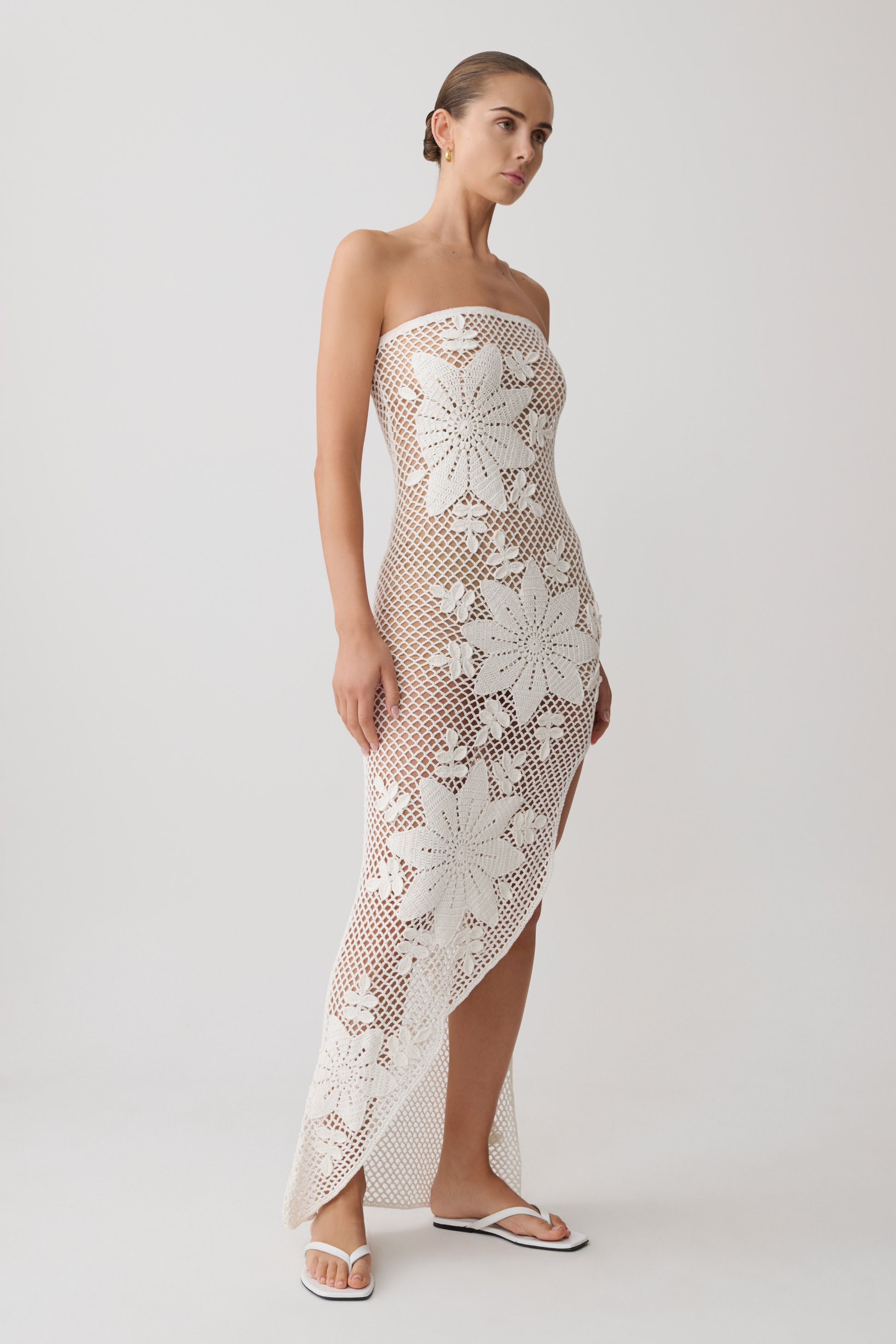 Mandie Hand Crochet Asymmetrical Maxi Dress - White #6