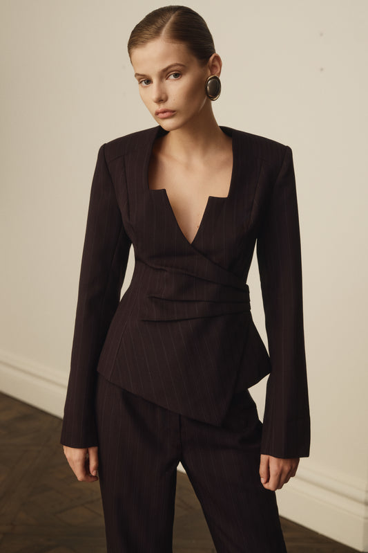 Agatha Square Neck Blazer - Plum Pinstripe