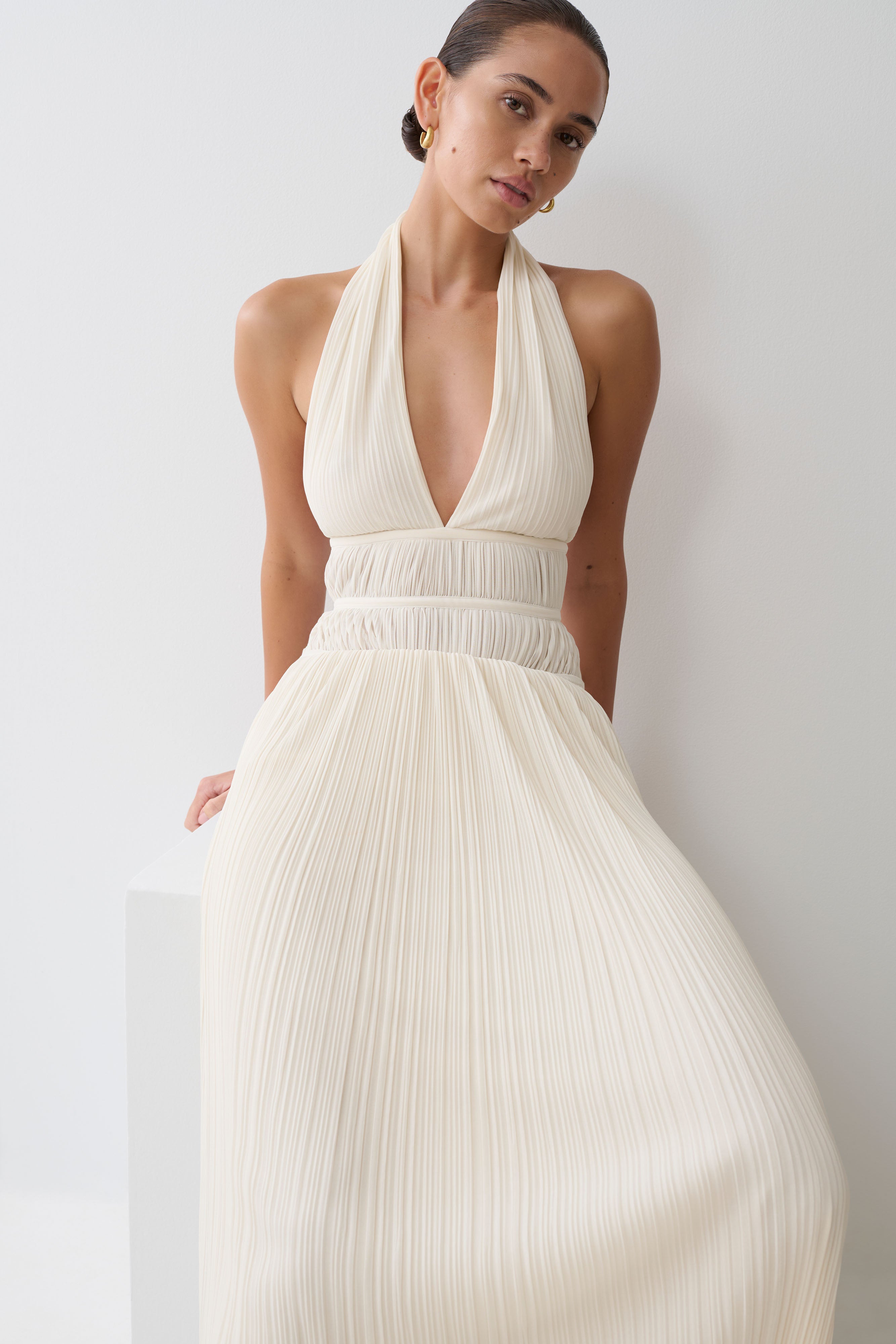 Thien Cowl Halter Midi Dress - Ivory | MESHKI