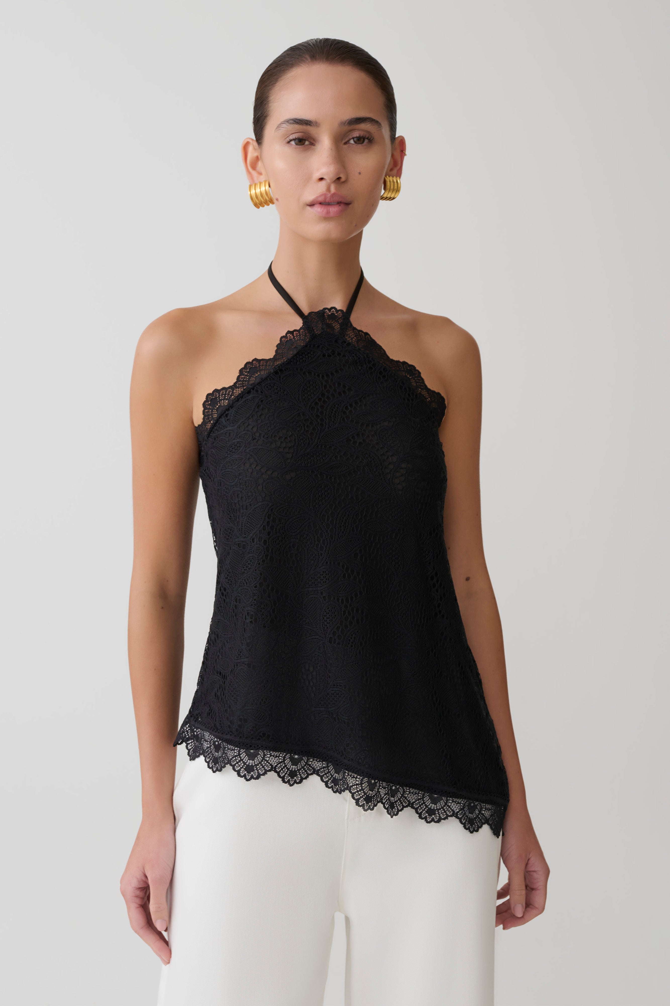 Theodosia Asymmetric Lace Halter Top - Black | MESHKI