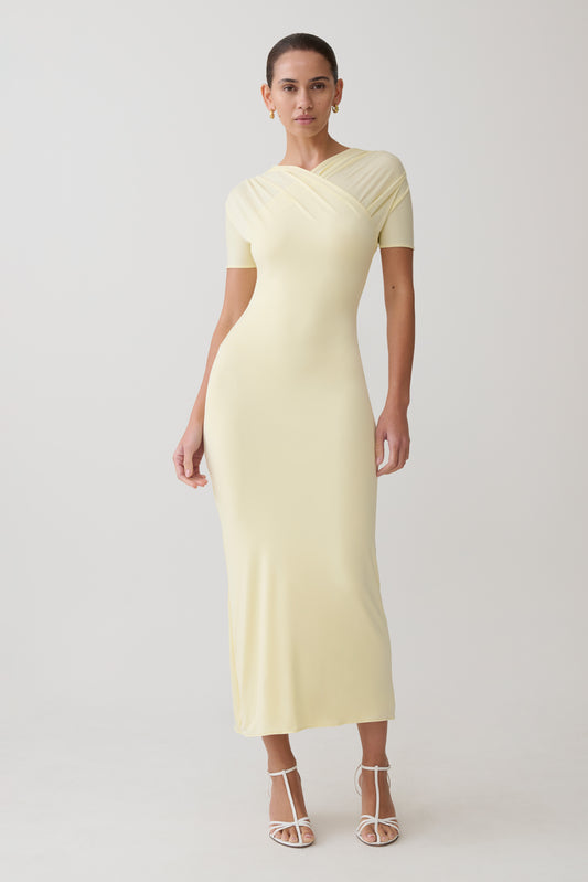 Junie Cross-Over Neck Slinky Maxi Dress - Lemon