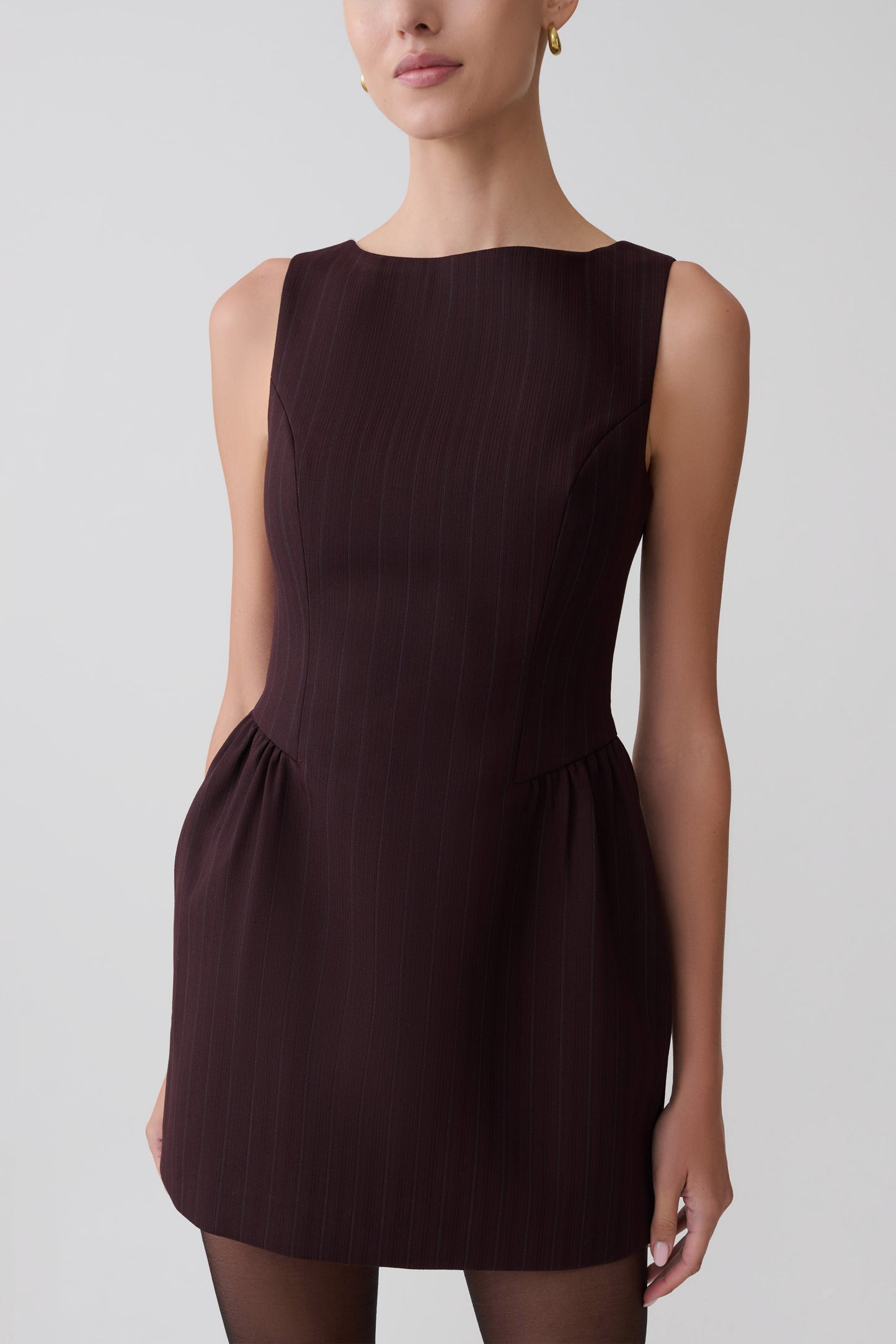 Hallie Boat Neck Mini Dress - Plum Pinstripe