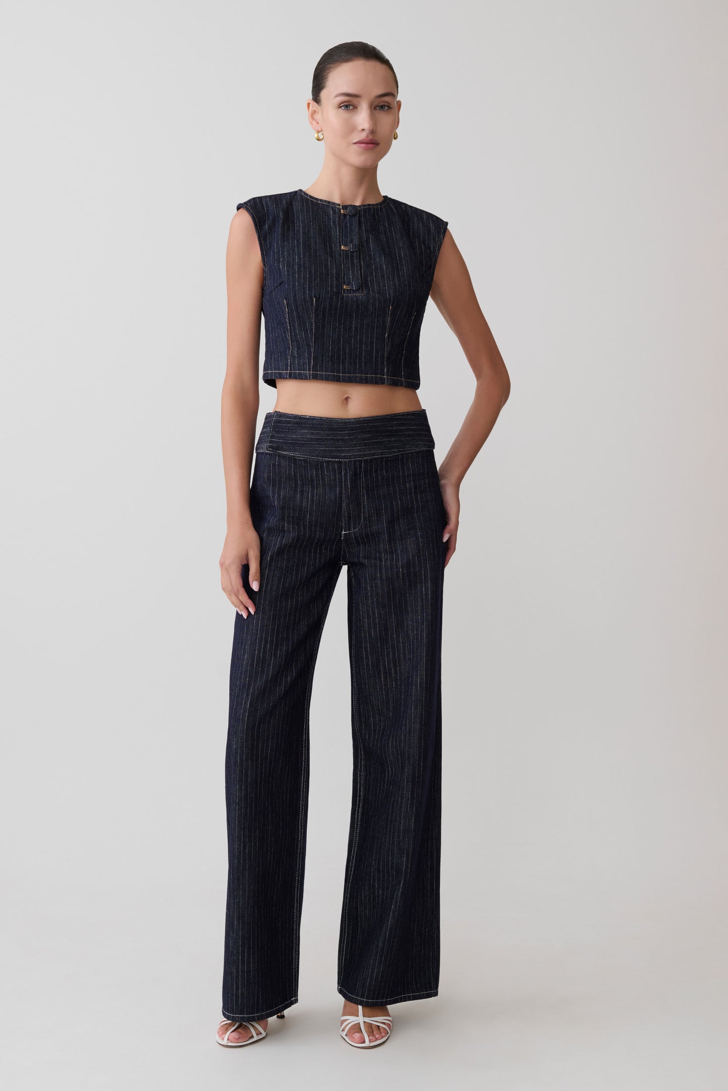 Loraine Sleeveless Denim Top - Indigo Pinstripe