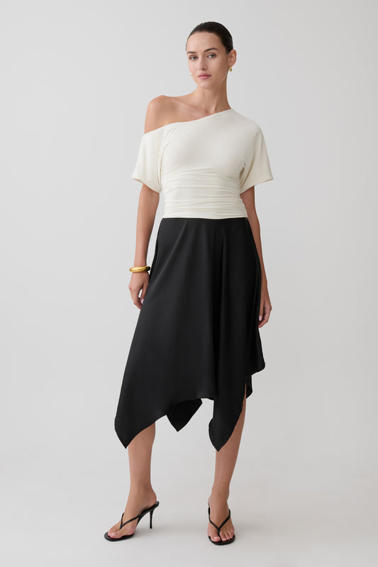Coralie Asymmetric Satin Midi Skirt - Black
