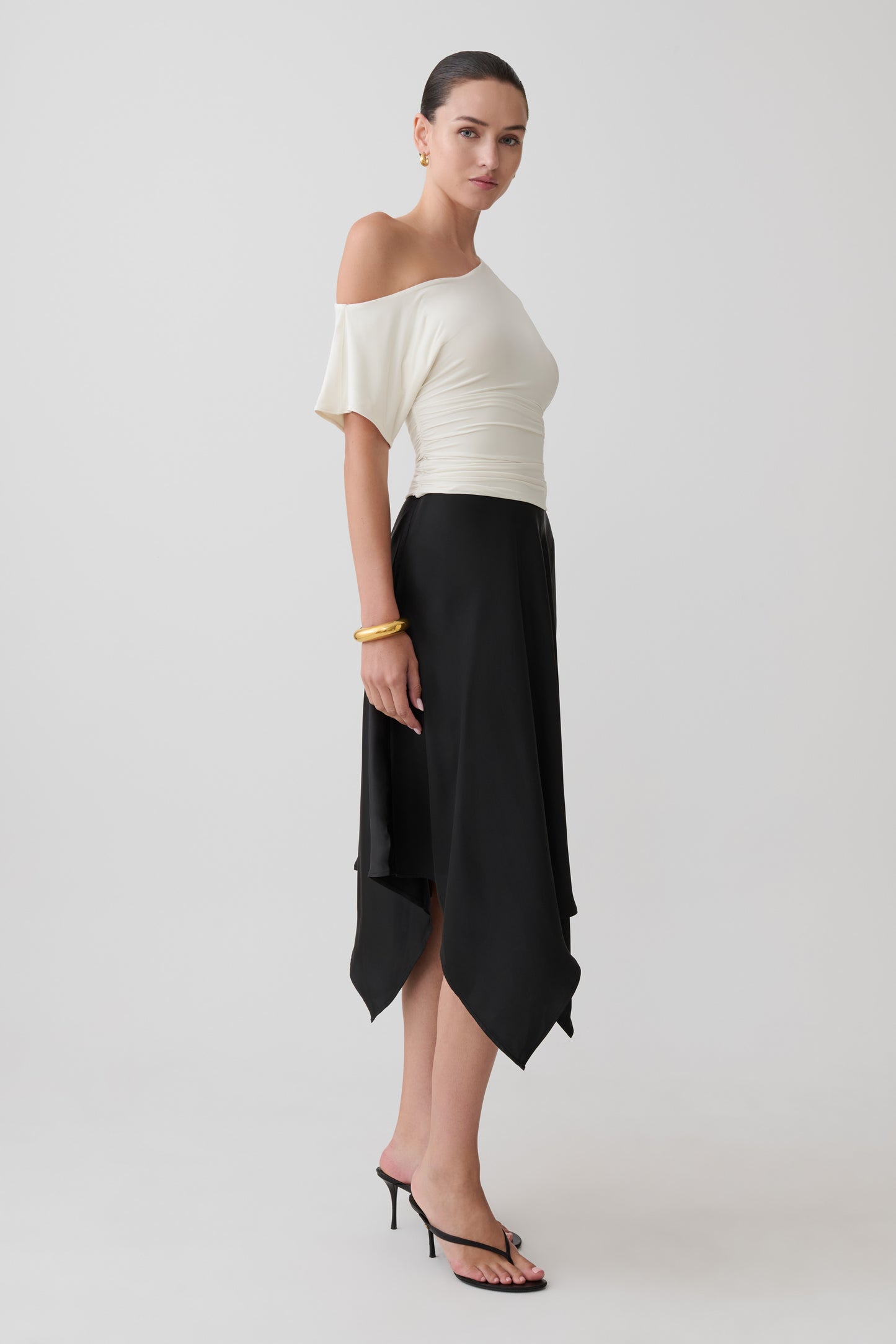 Coralie Asymmetric Satin Midi Skirt - Black