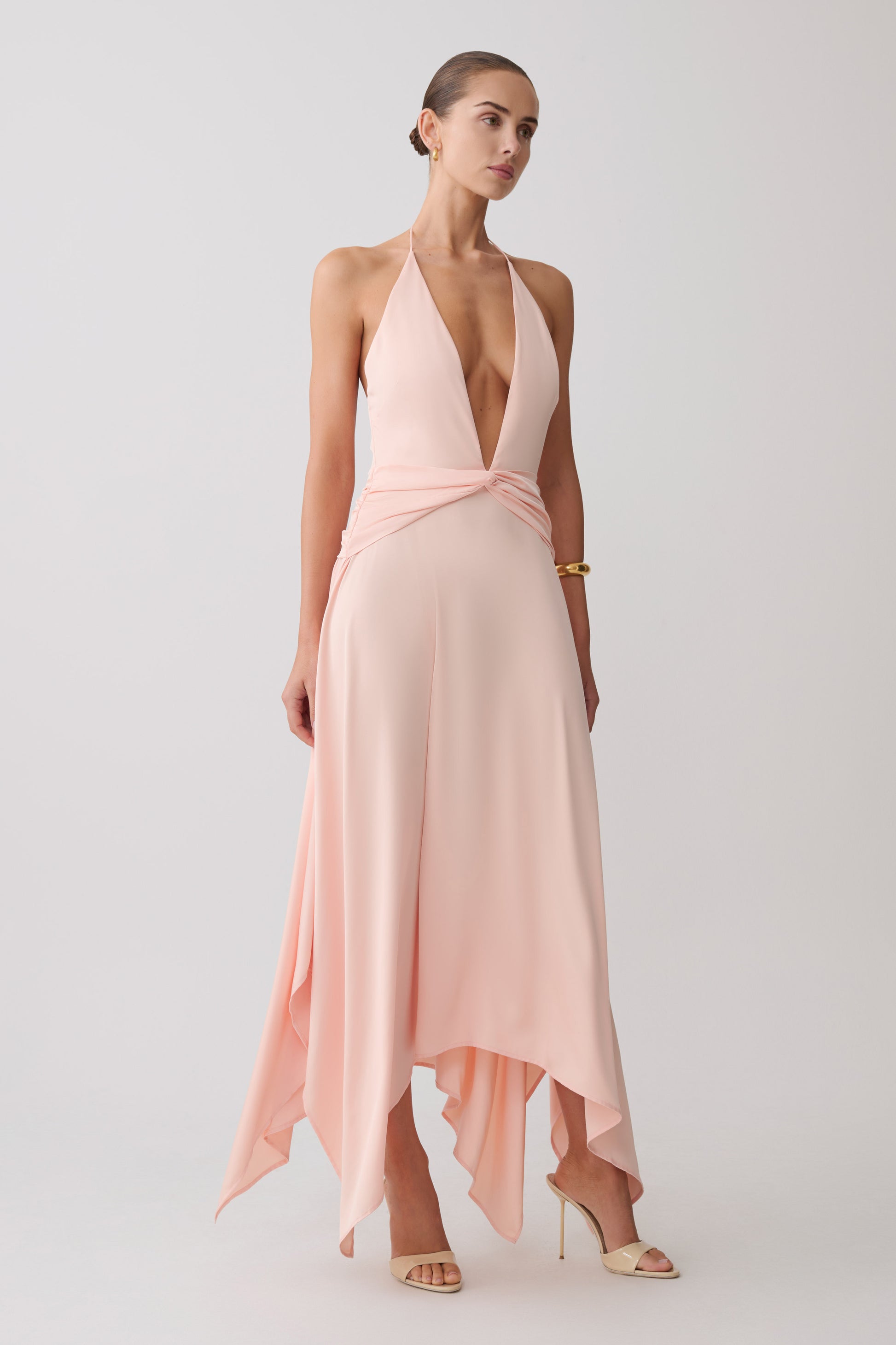 Cyra Plunge Satin Midi Dress - Peach #3