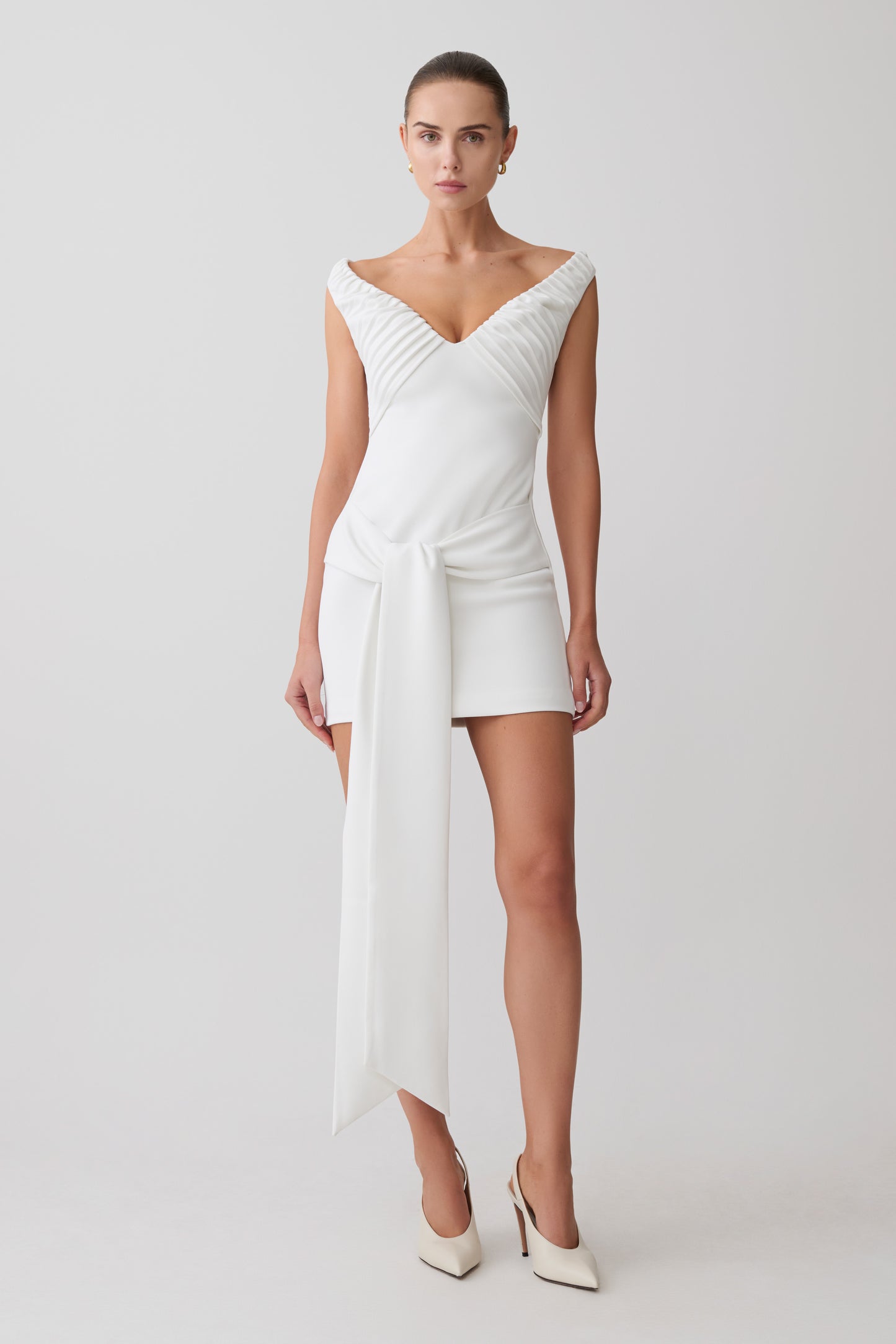 Runa Off Shoulder Mini Dress With Waist Tie - White