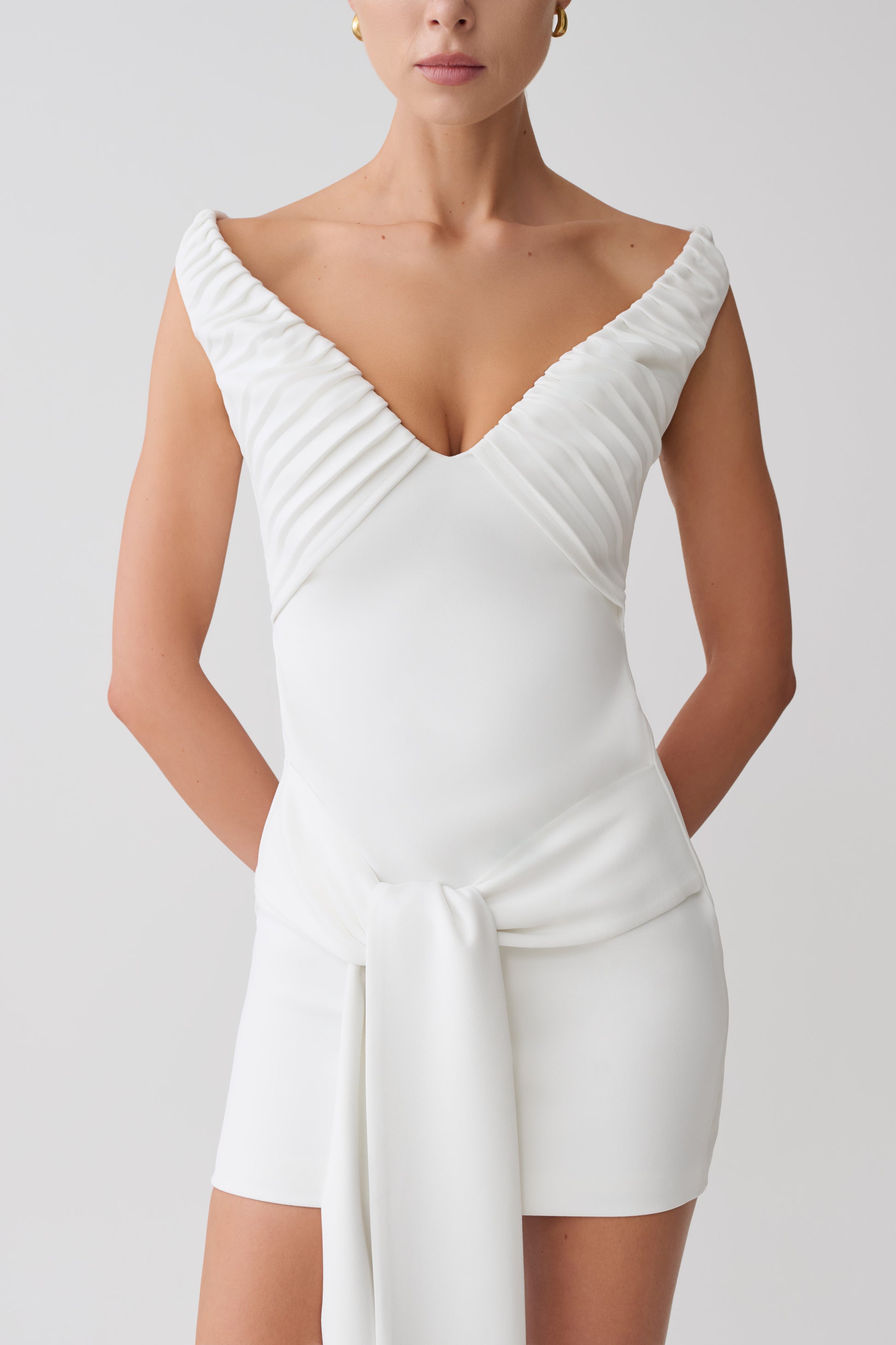 Runa Off Shoulder Mini Dress With Waist Tie - White #6