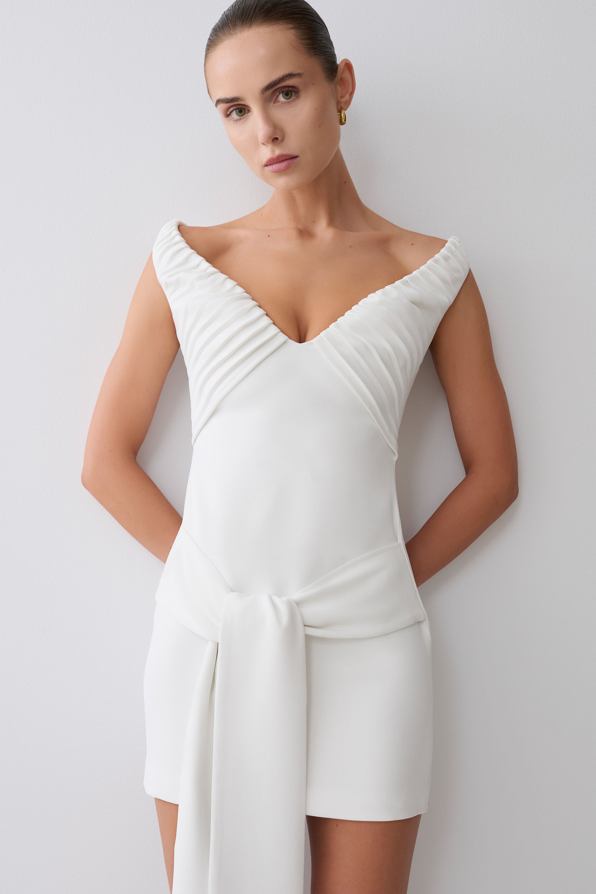 Runa Off Shoulder Mini Dress With Waist Tie - White #8