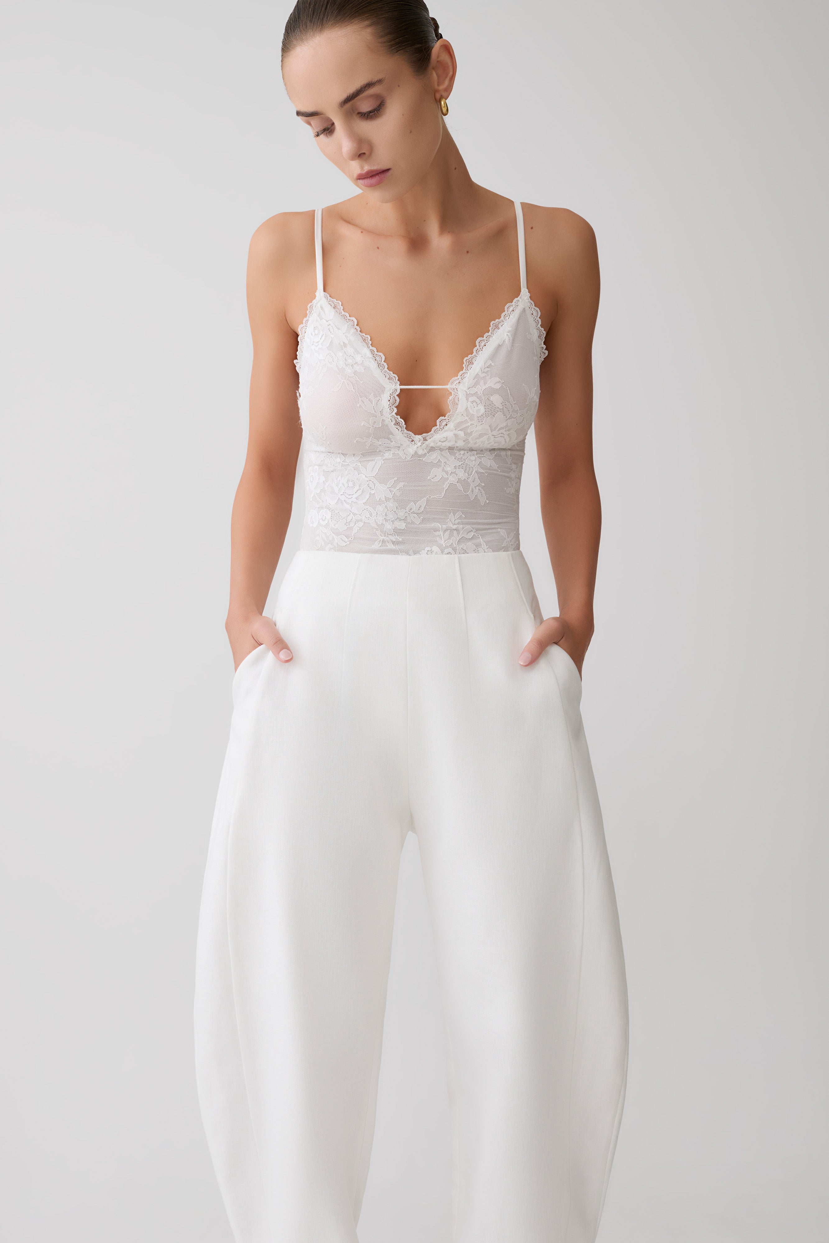 Jasper Sheer Plunge Lace Bodysuit - Ivory | MESHKI