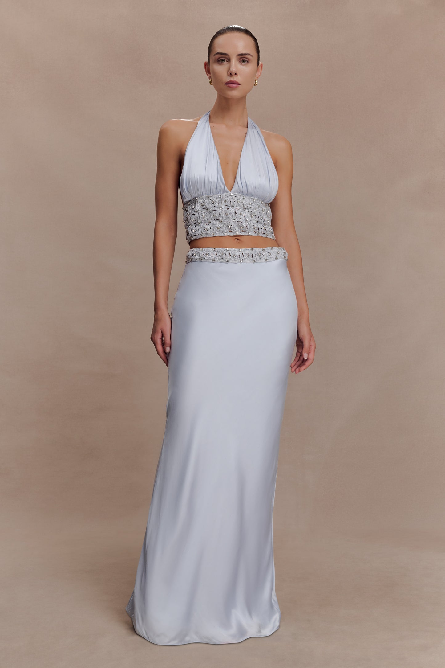 Clementine Chiffon Hand Beaded Maxi Skirt - Pale Blue