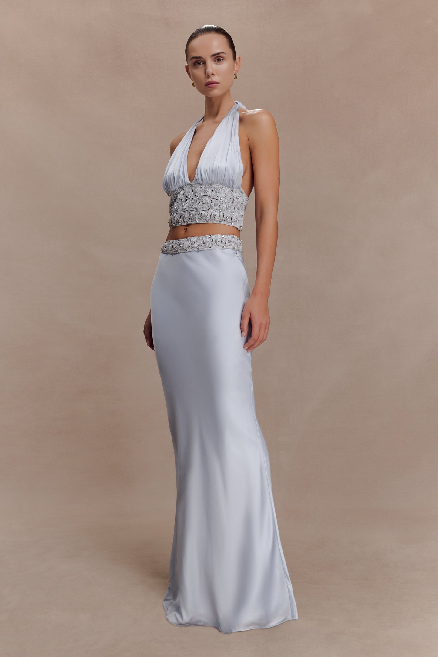 Clementine Chiffon Hand Beaded Maxi Skirt - Pale Blue