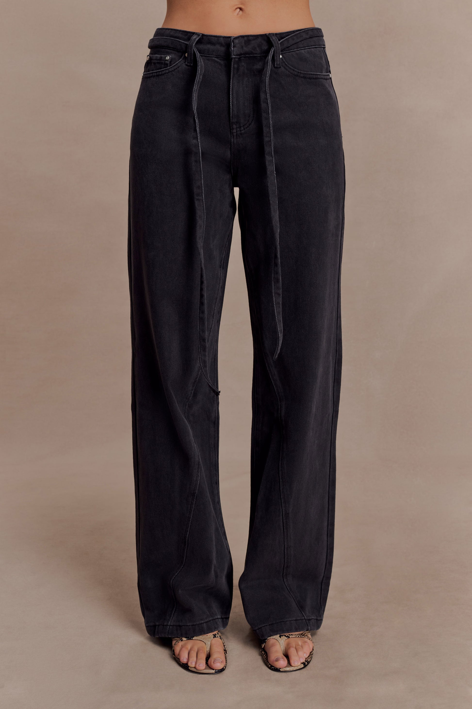 Perrie Mid Rise Straight Leg Tie Jeans - Washed Black #4
