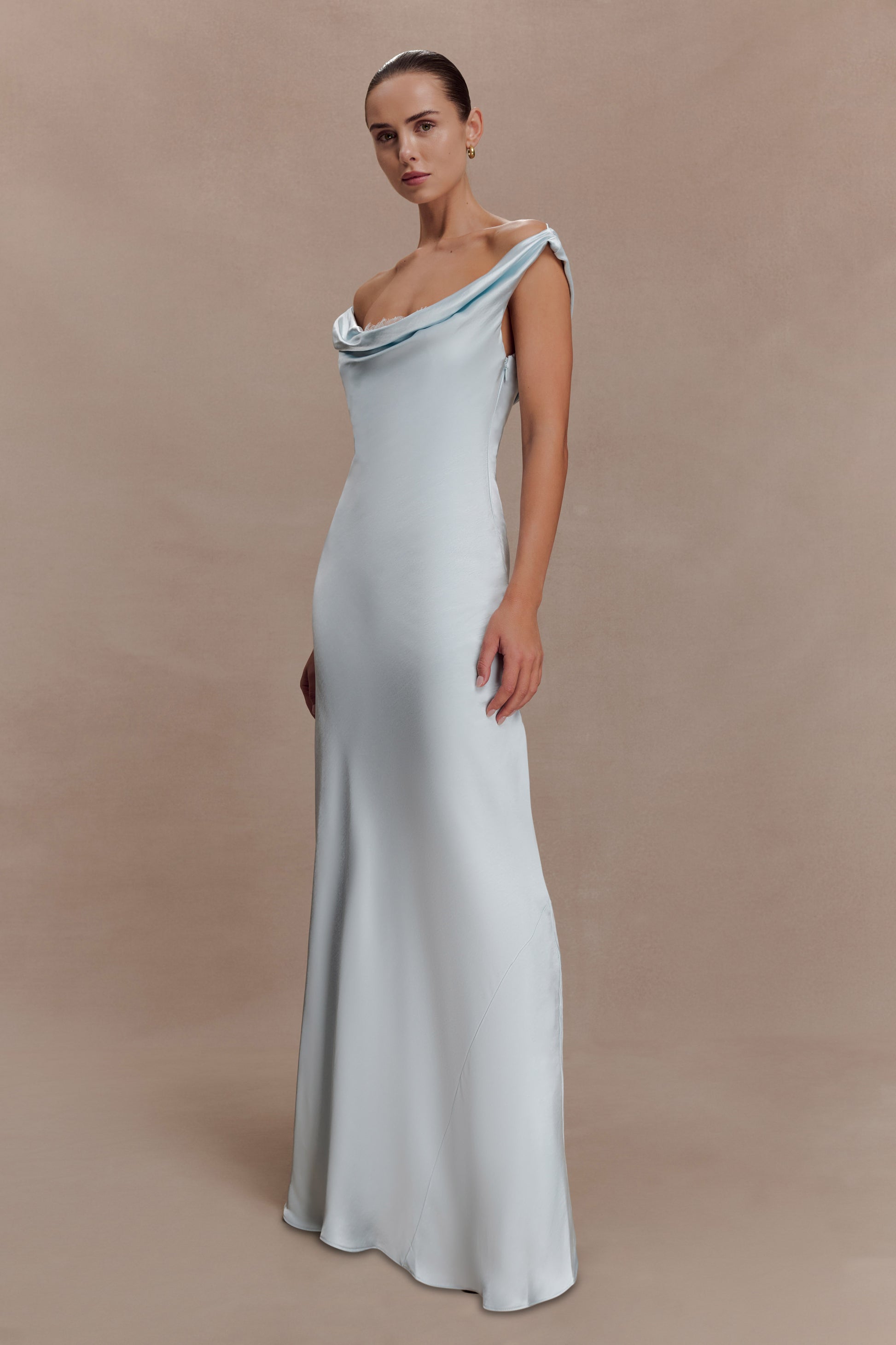 Ashley Cowl Neck Lace And Satin Maxi Dress - Ice Blue #5